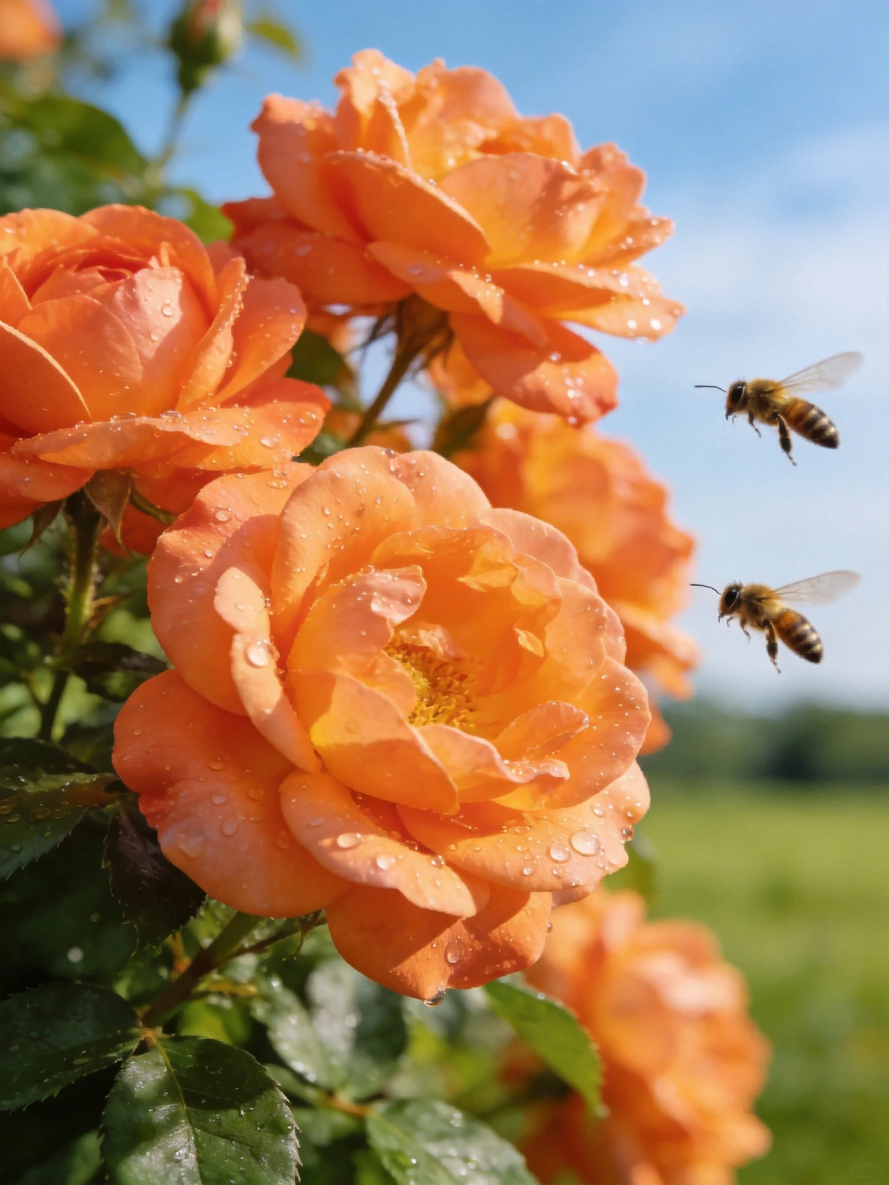 Vibrant orange roses with dewdrops, two bees, sunny outdoor setting