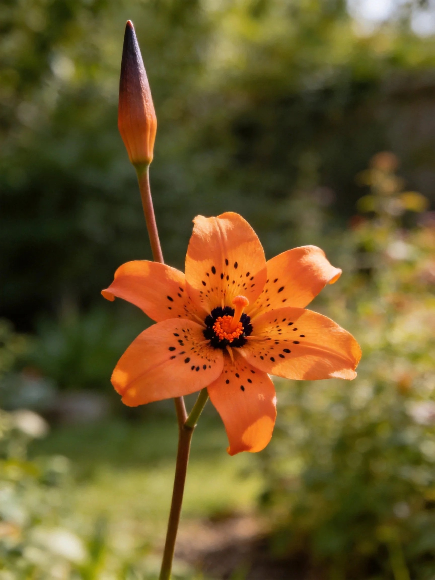 Vibrant orange spotted lily with closed bud in garden