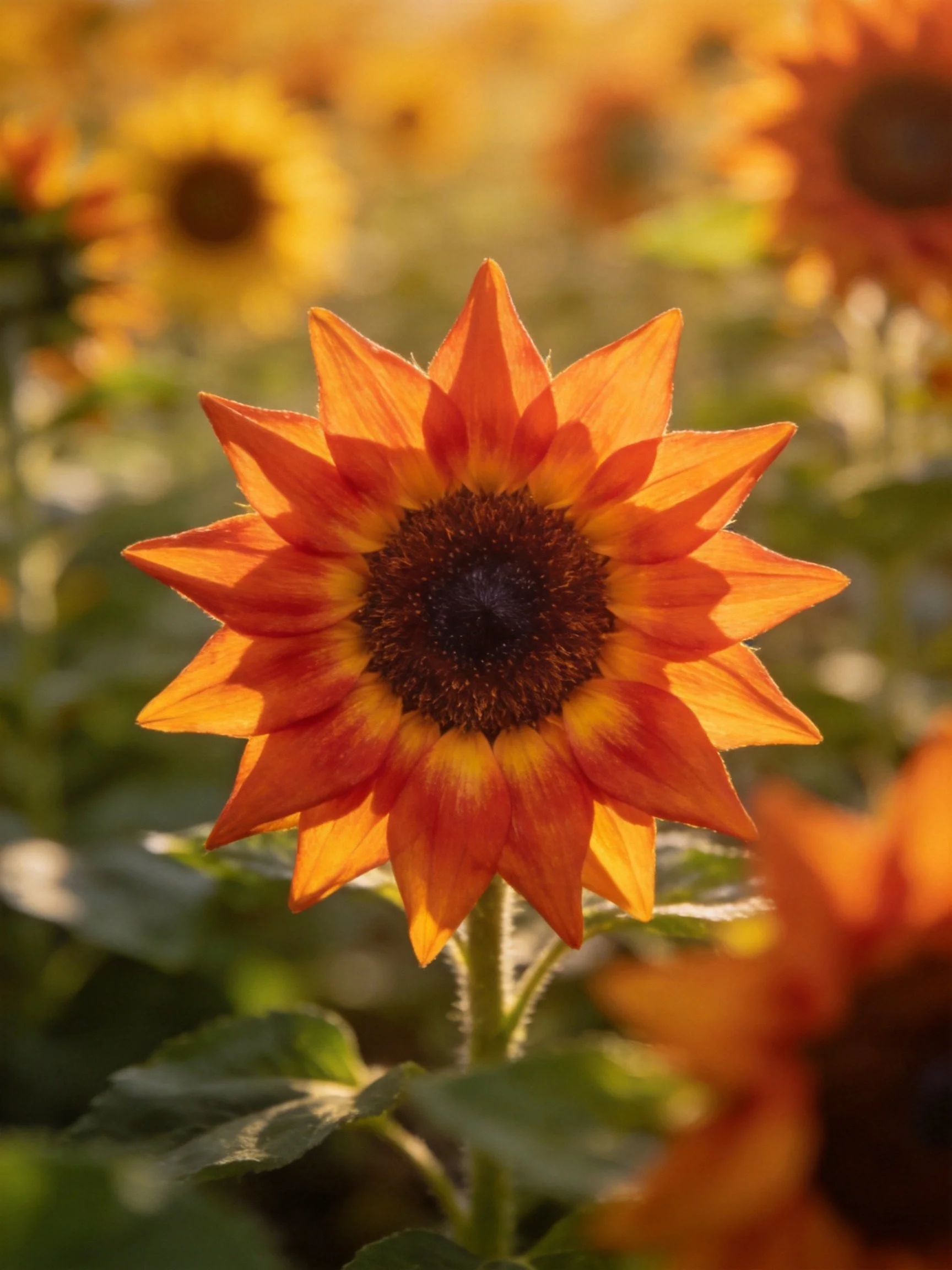 Vibrant orange sunflower with dark center amidst blurred field