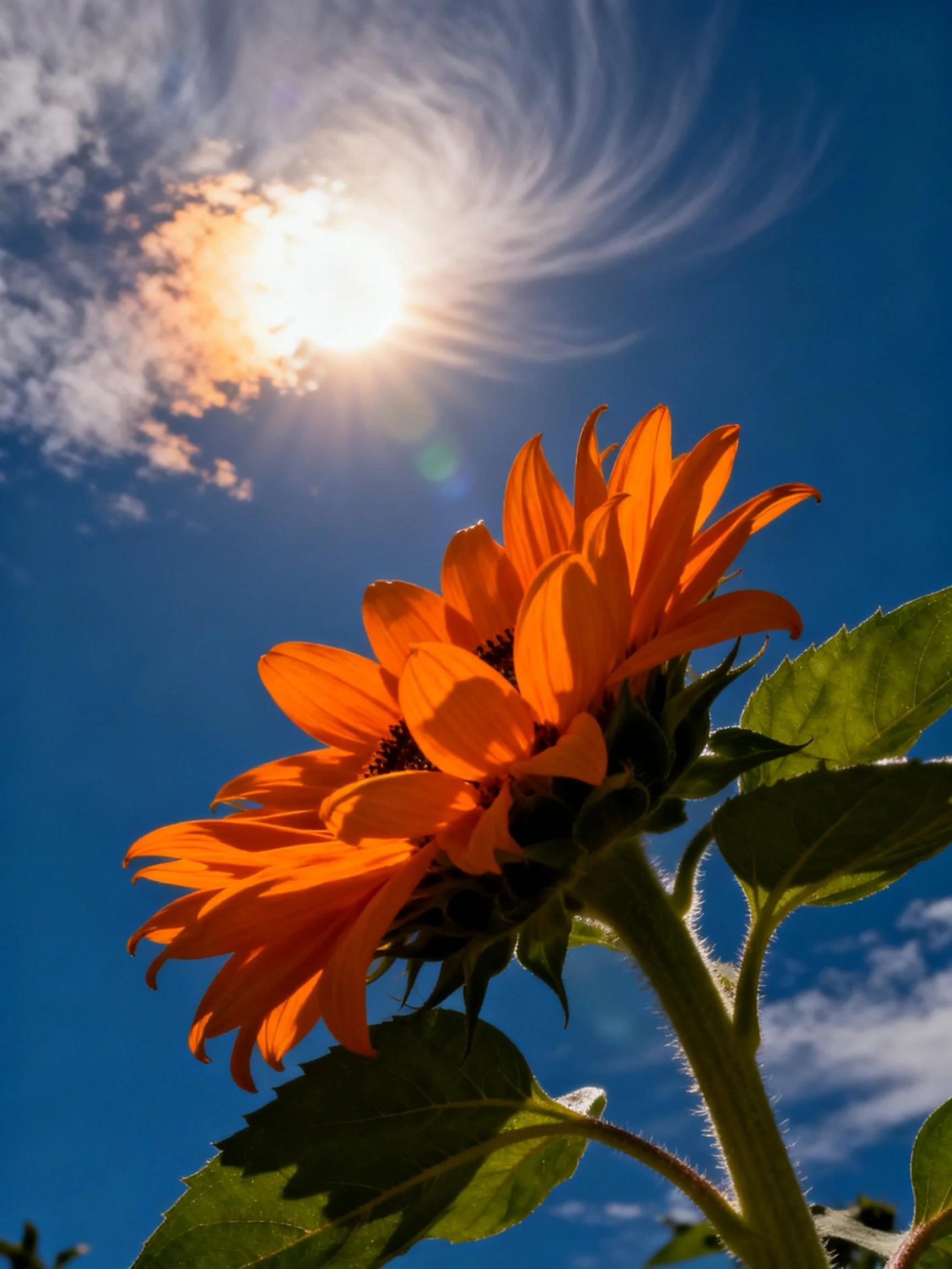 Vibrant orange sunflowers beneath a swirling sky with bright sun