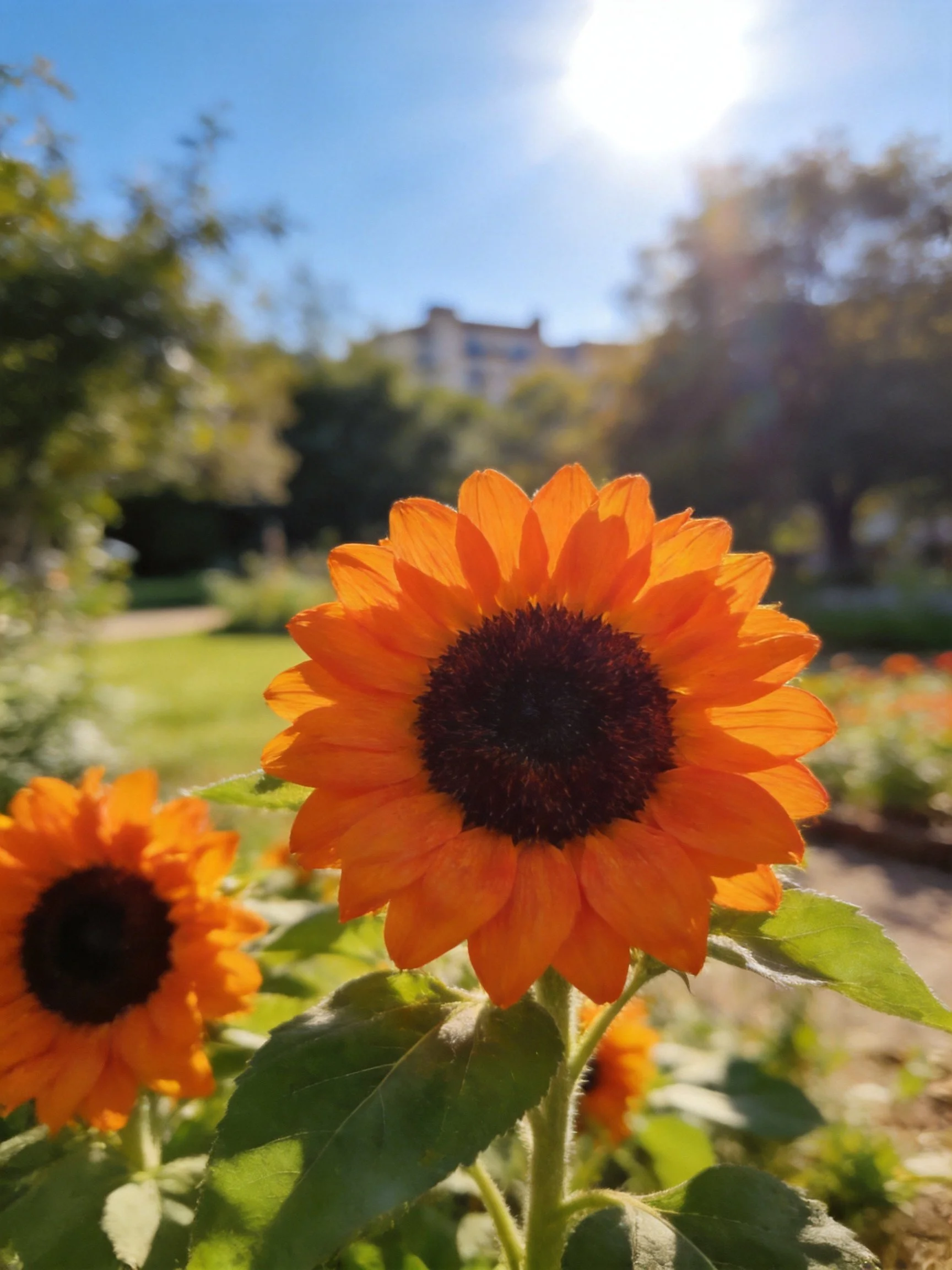 Vibrant orange sunflowers bloom in a sunlit garden