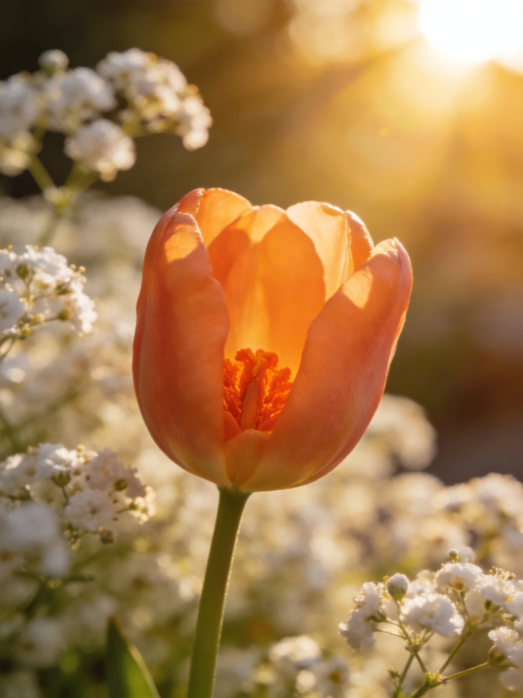 Vibrant orange tulip amid white blooms under golden sunlight