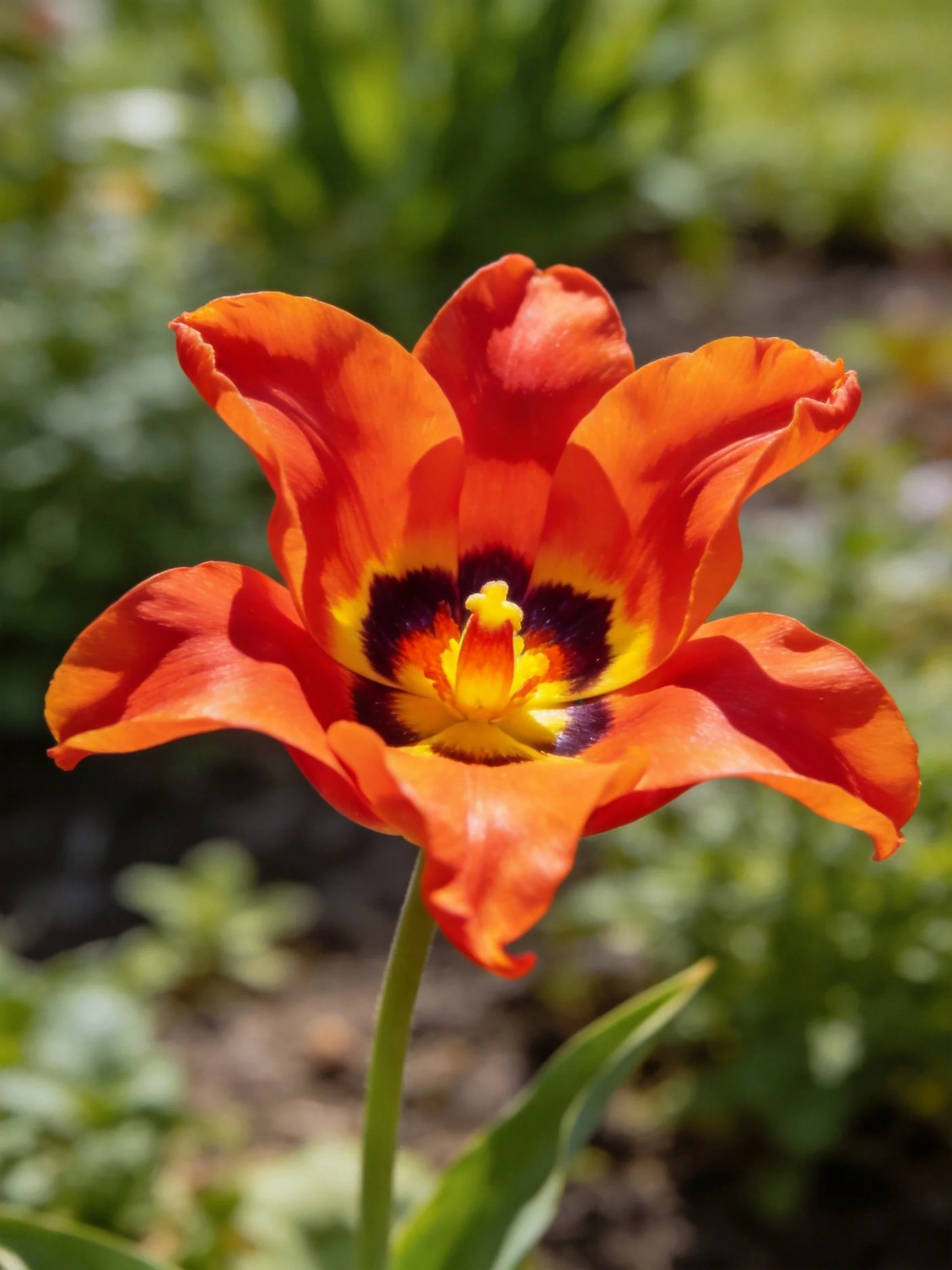 Vibrant orange tulip with bold yellow and dark purple center