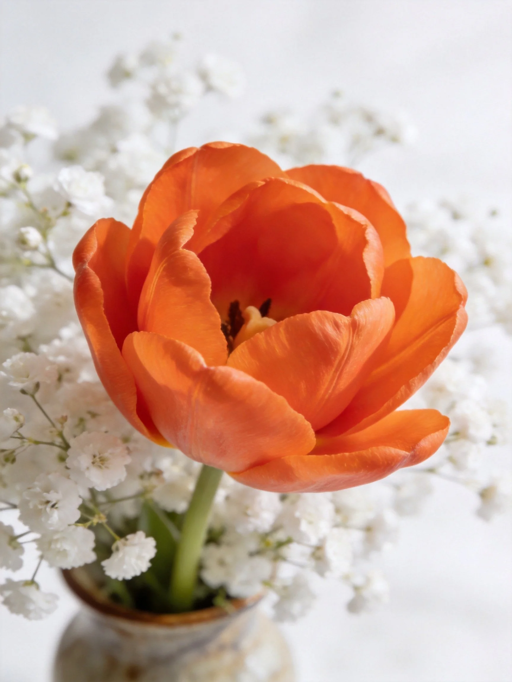 Vibrant orange tulip with delicate white baby’s breath flowers