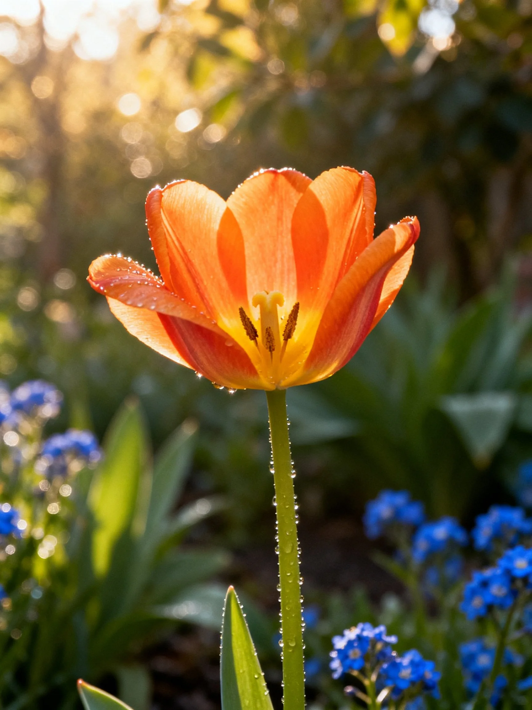 Vibrant orange tulip with dewdrops, blue flowers, golden sunlight