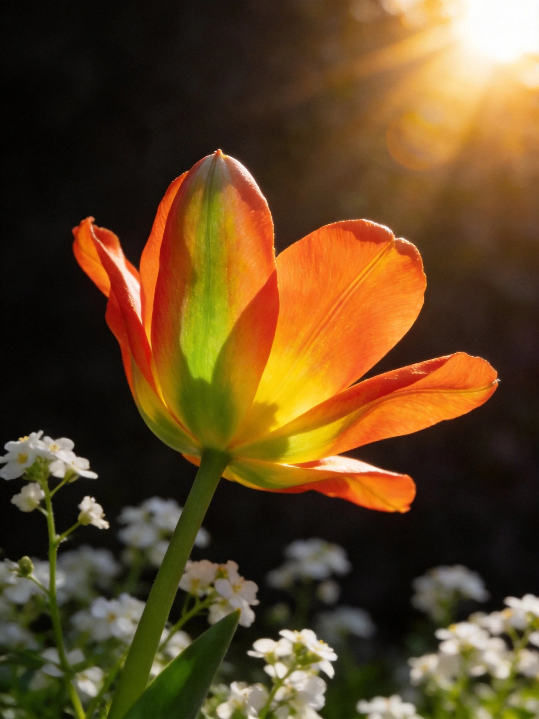 Vibrant orange tulip with green center near white blooms under golden sunlight