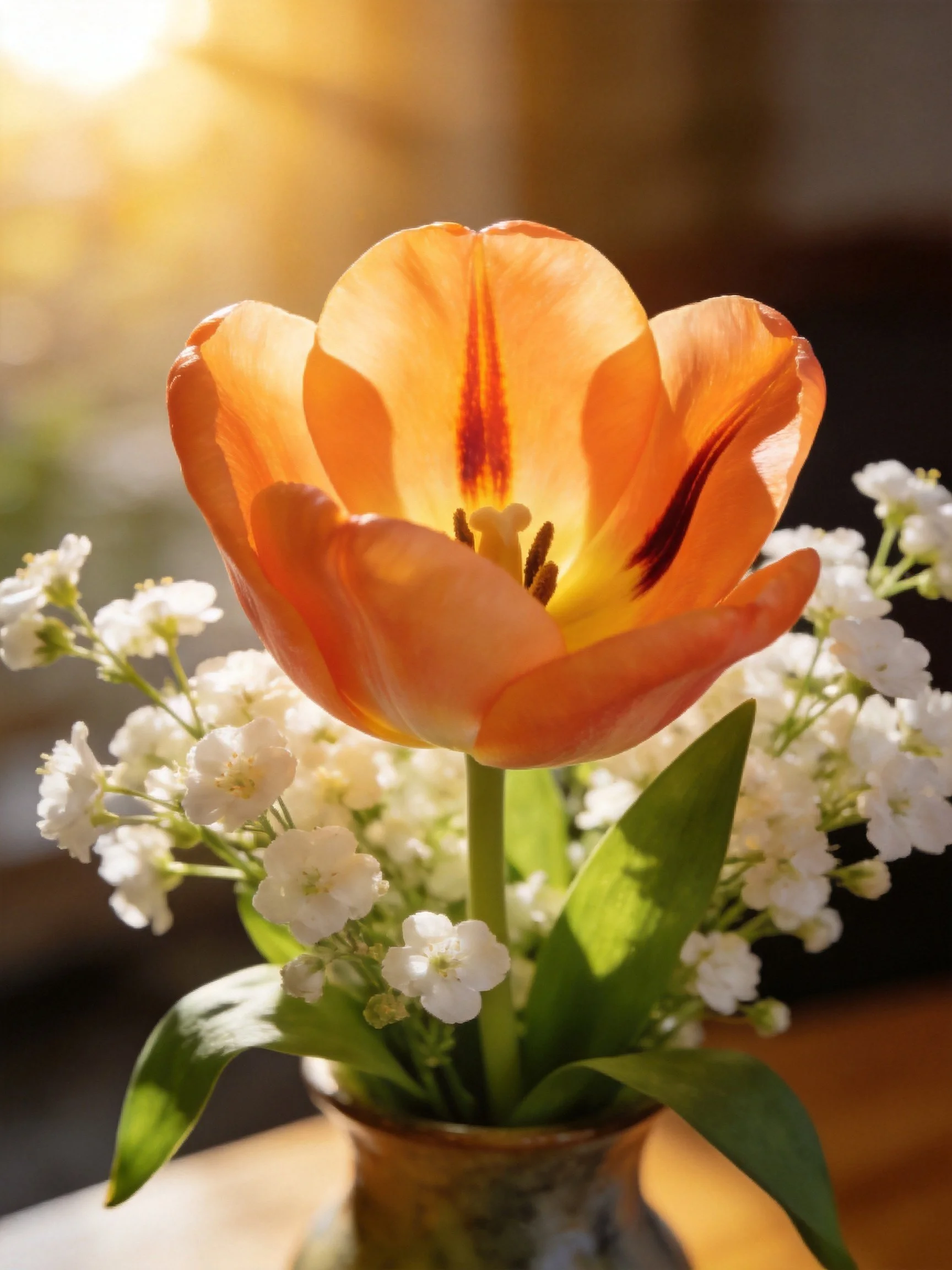 Vibrant orange tulip with small white blooms in a glass vase