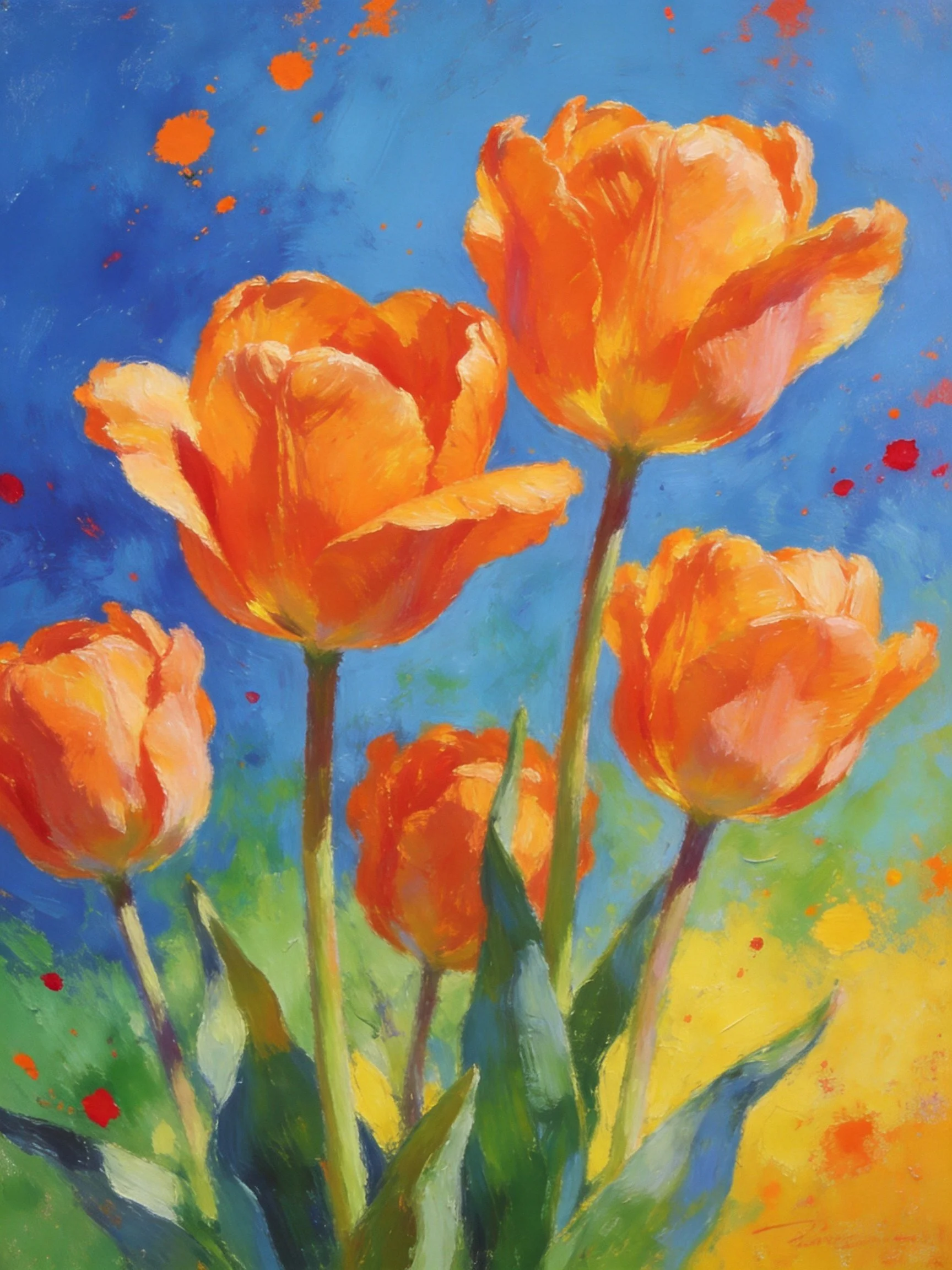 Vibrant orange tulips against a blue and green abstract background