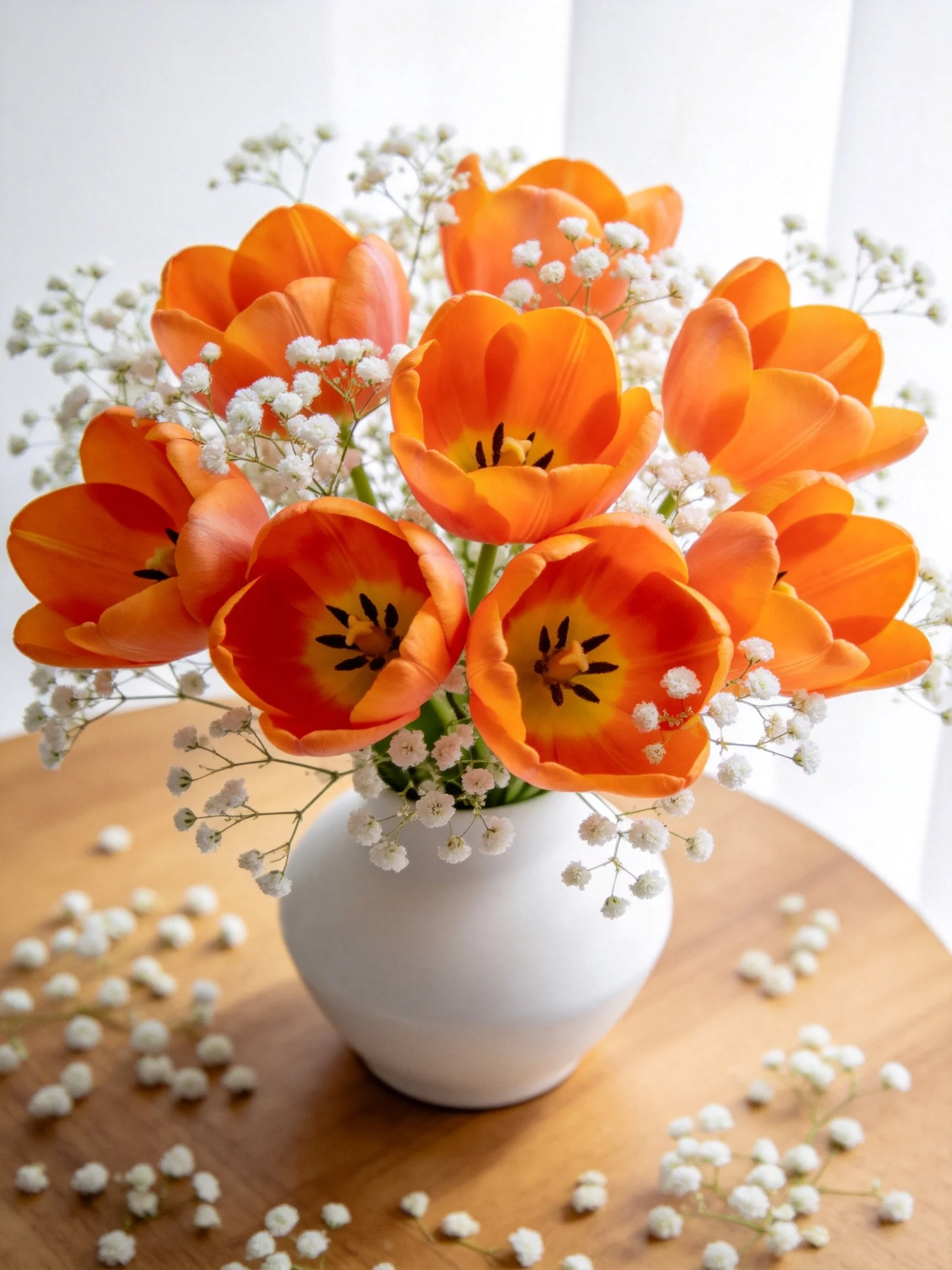 Vibrant orange tulips and baby’s breath in a white vase