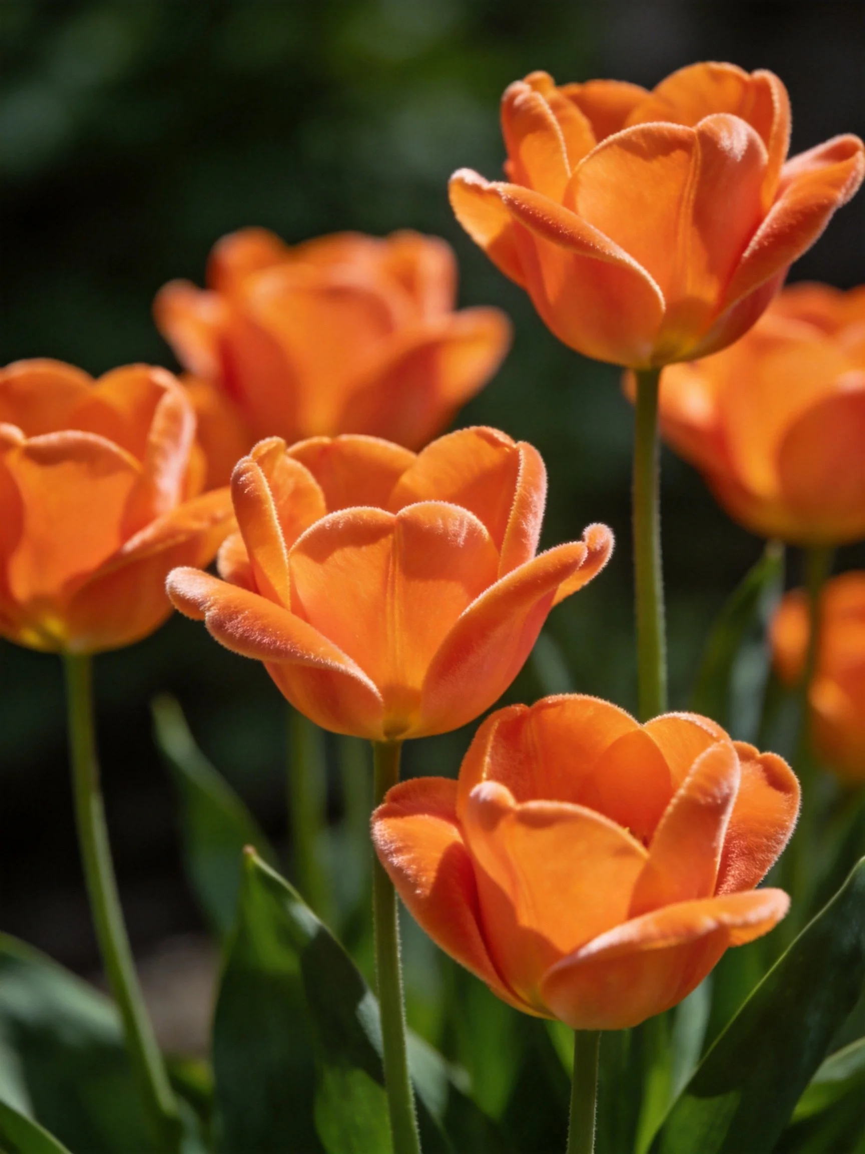 Vibrant orange tulips cluster amid dark green foliage