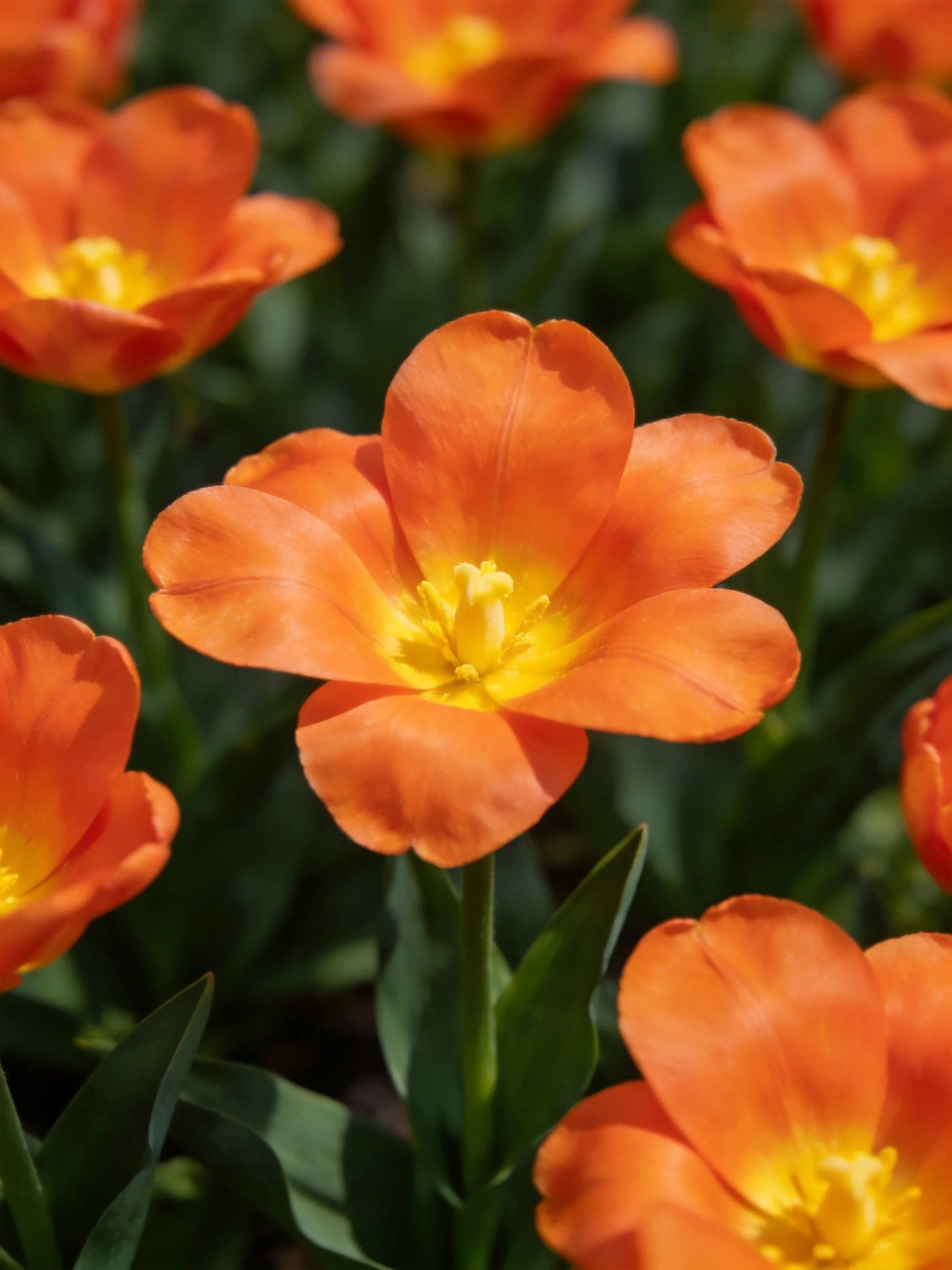 Vibrant orange tulips with bright yellow centers surrounded by lush green foliage