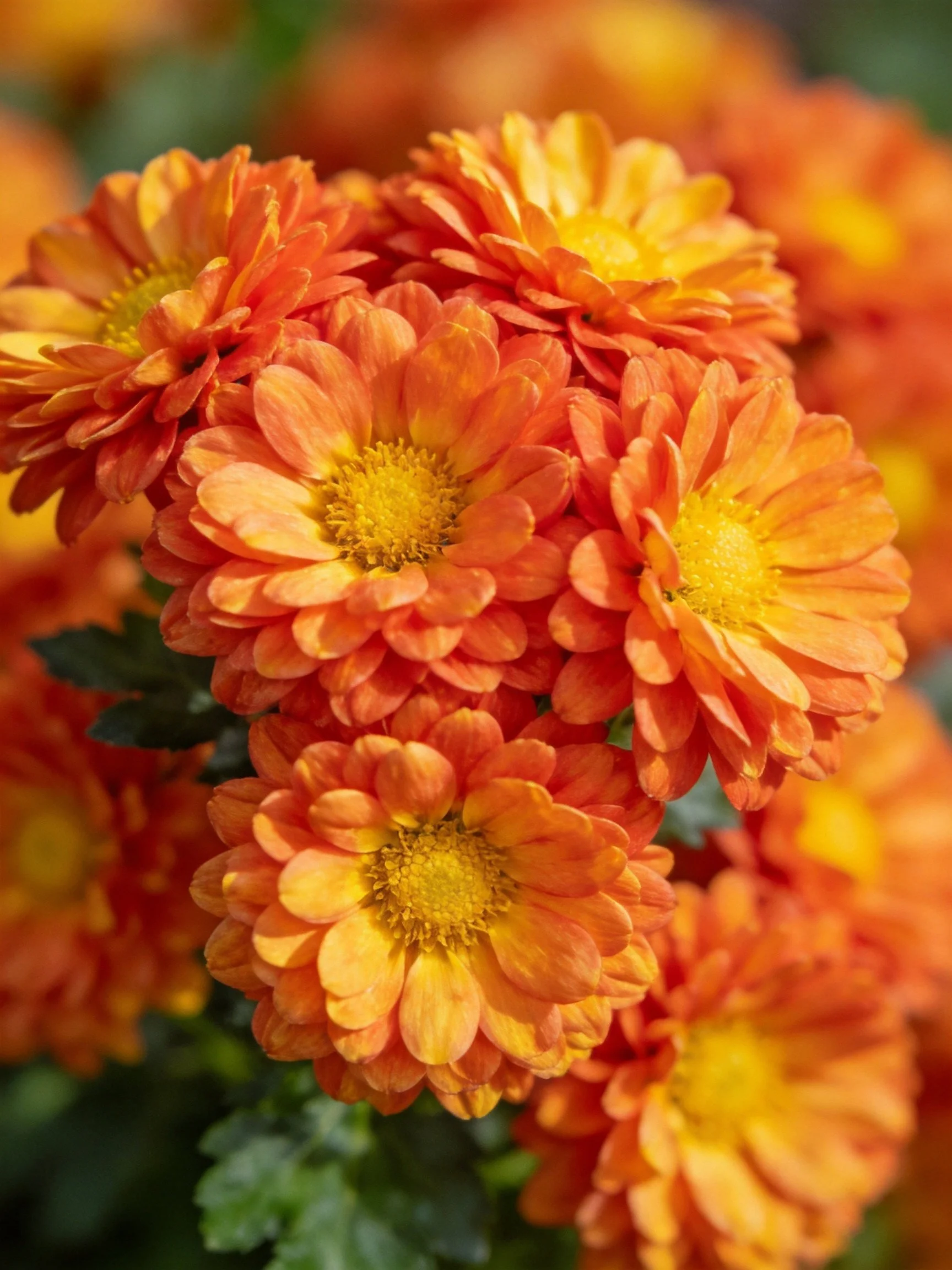 Vibrant orange-yellow chrysanthemums clustered in natural sunlight