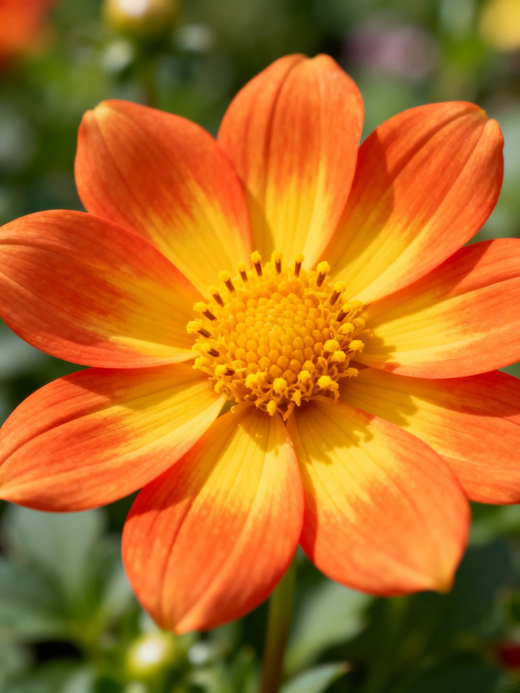 Vibrant orange - yellow dahlia with gradient petals and golden center