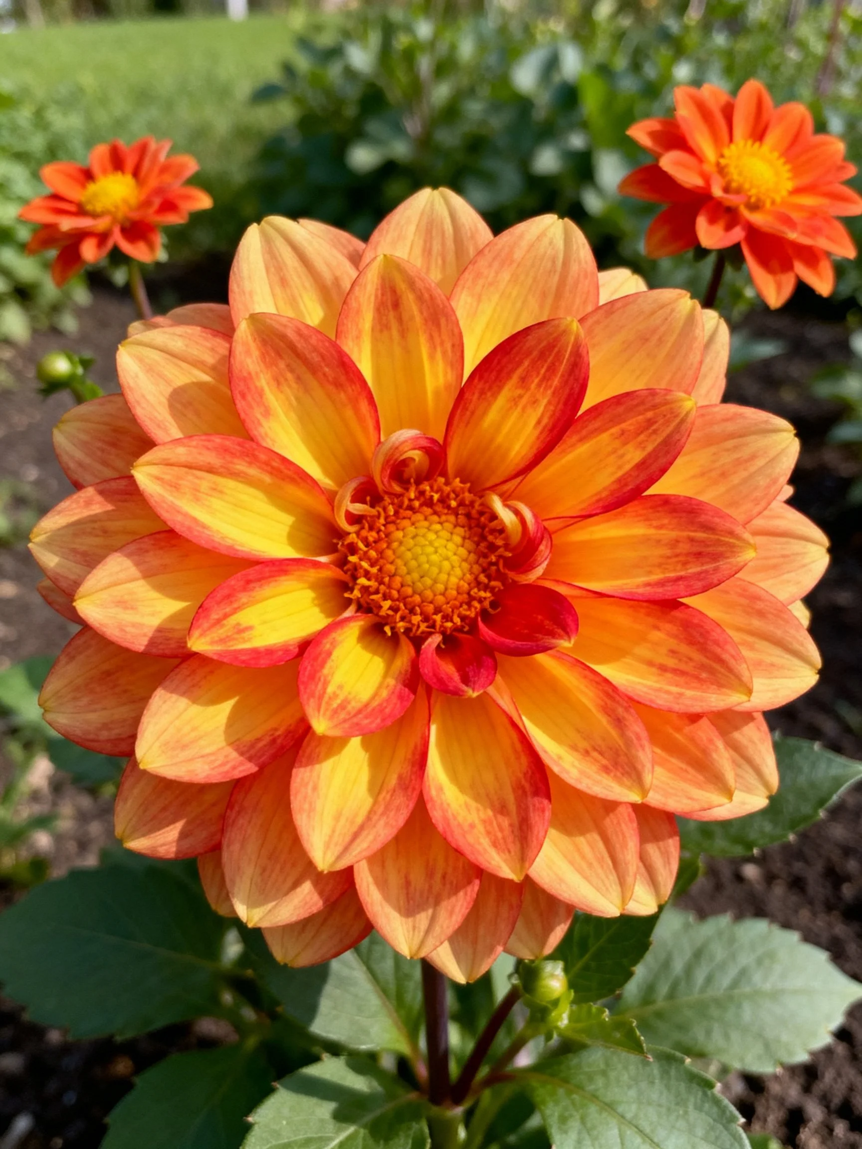 Vibrant orange-yellow dahlia with layered petals