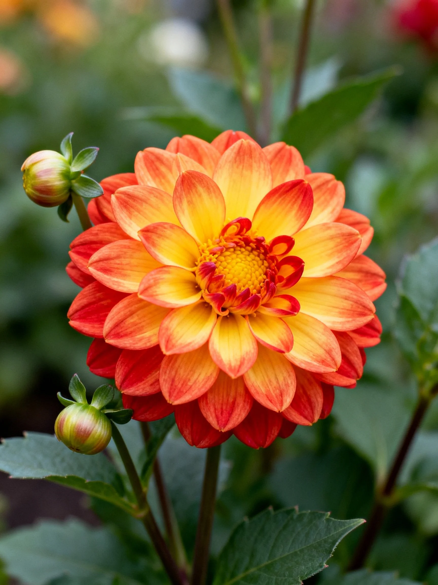 Vibrant orange-yellow dahlia with two unopened buds