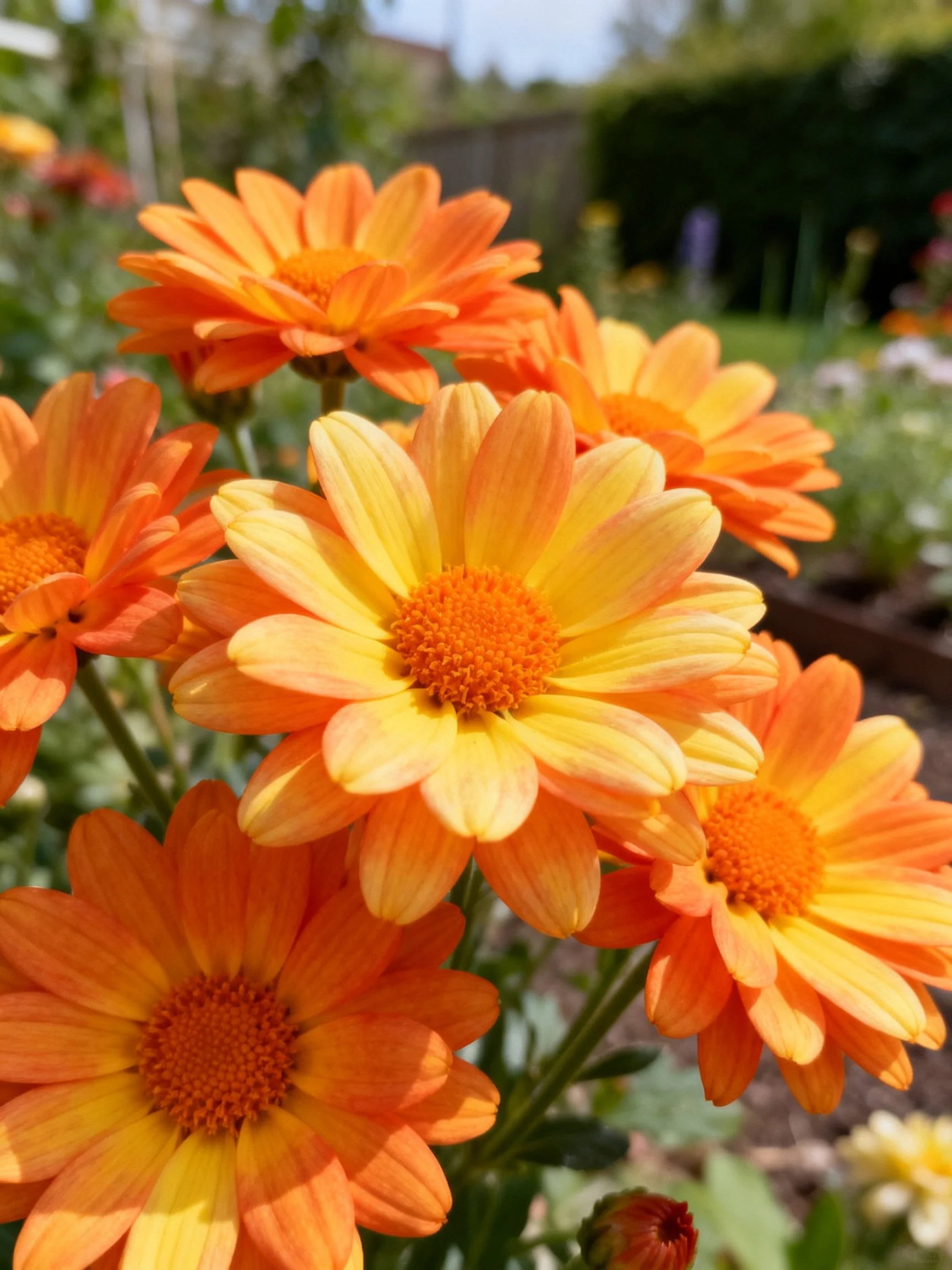 Vibrant orange-yellow daisies clustered in a sunny garden