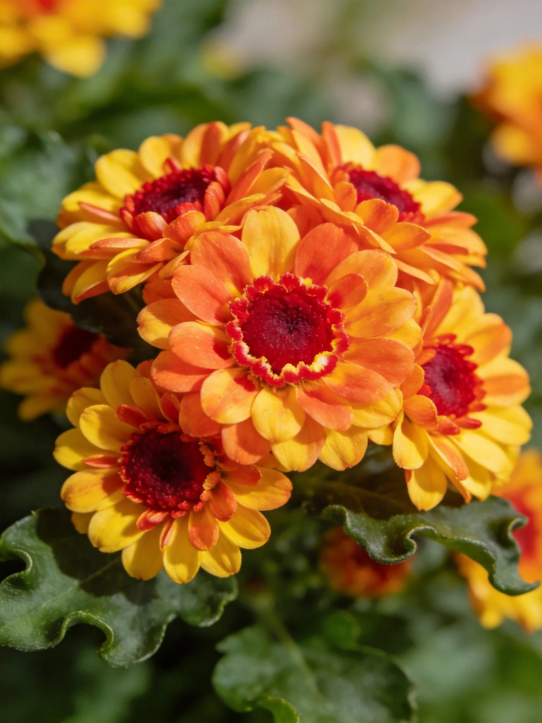 Vibrant orange-yellow flowers with red centers amid green foliage