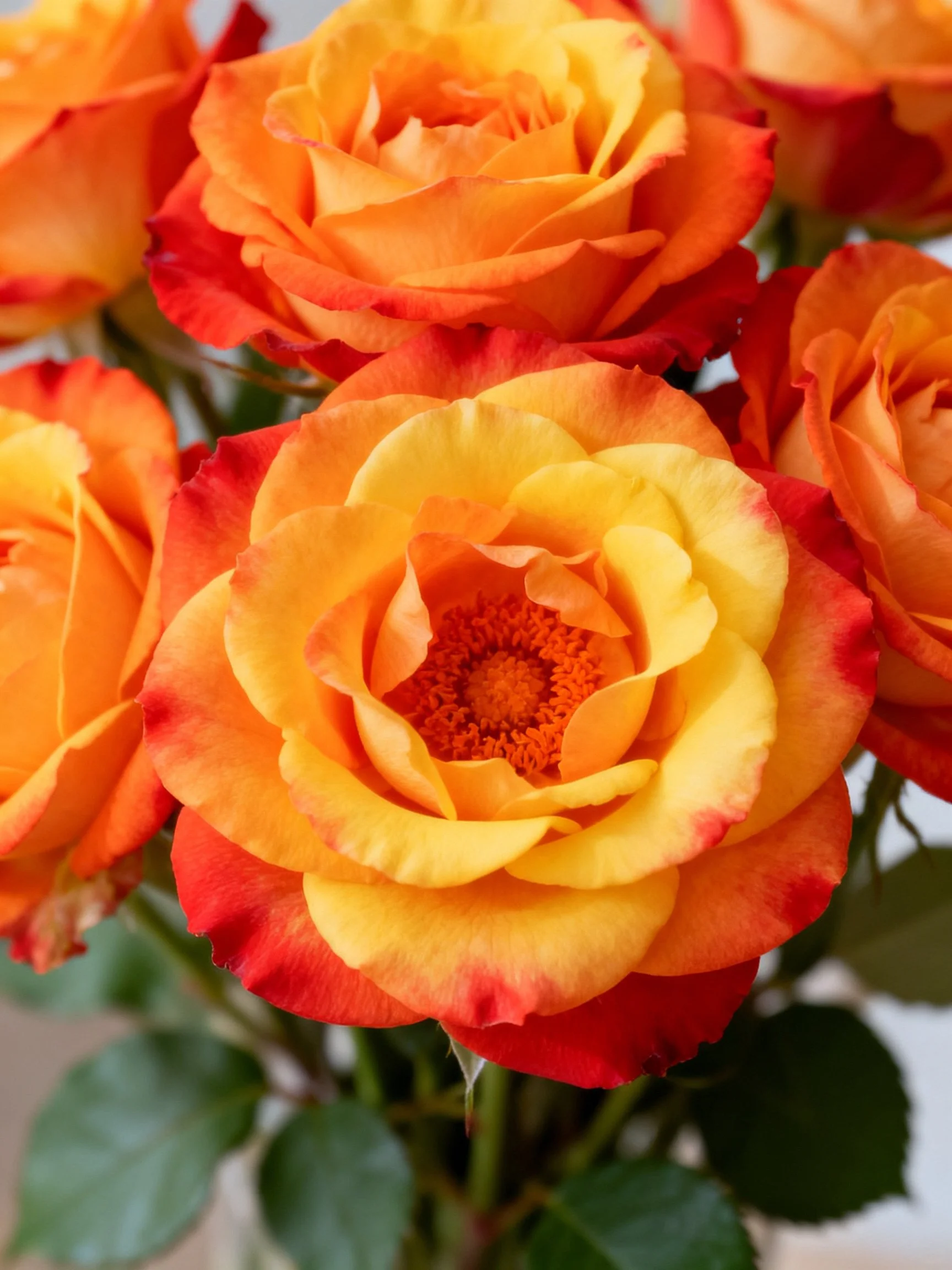 Vibrant orange-yellow roses with red petal edges