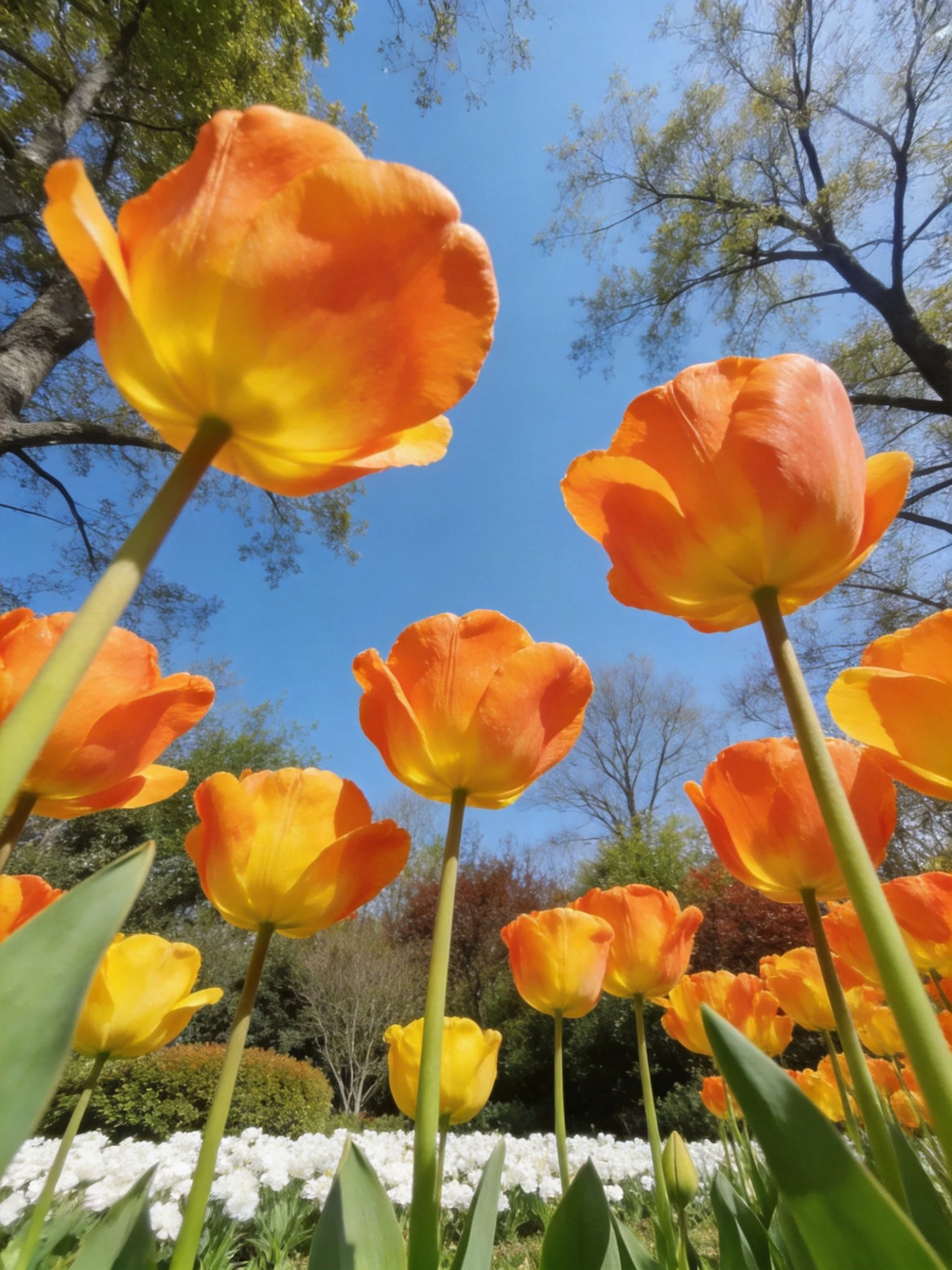 Vibrant orange-yellow tulips viewed from a low angle with blue sky and trees