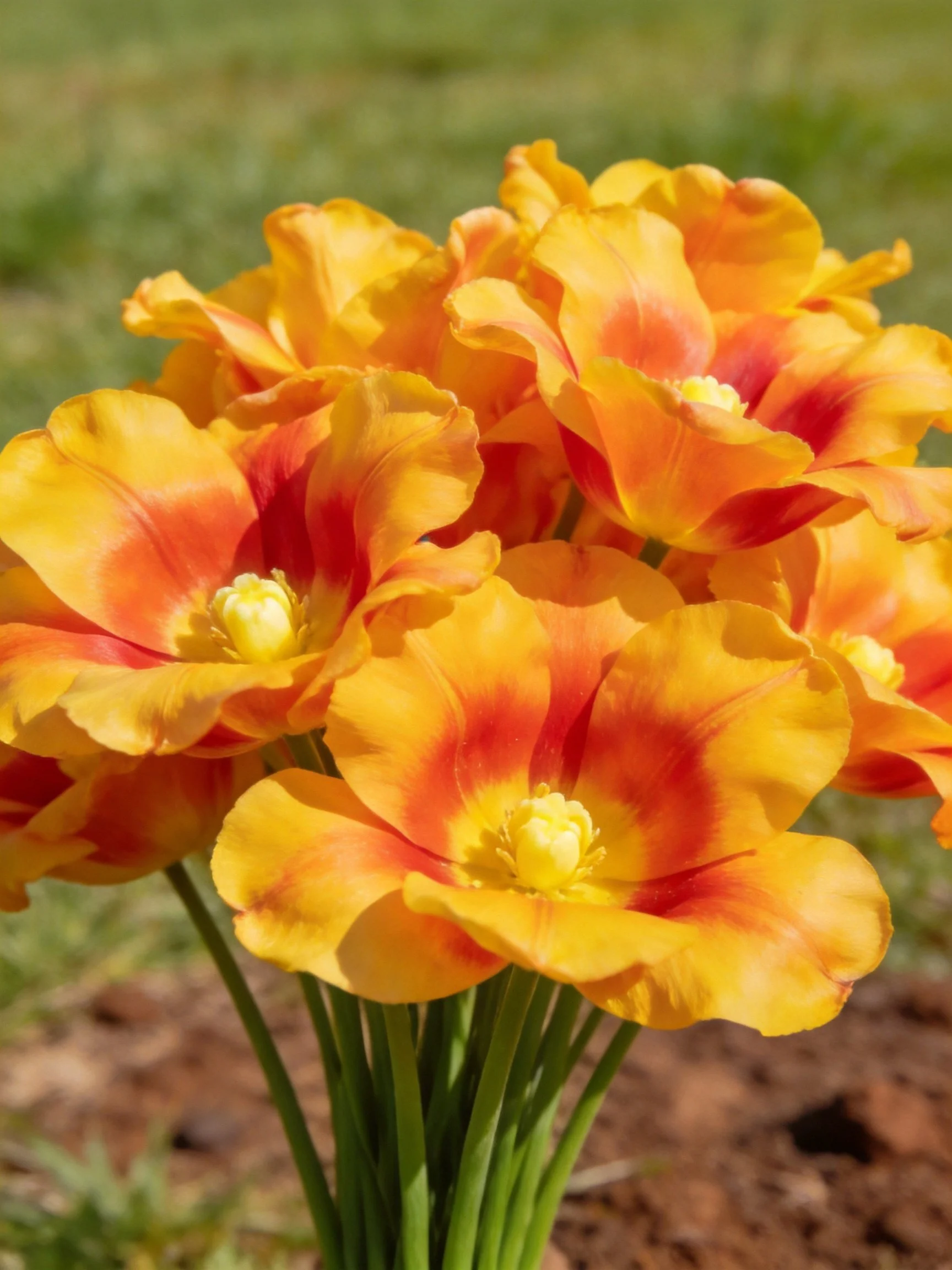 Vibrant orange-yellow tulips with red petal accents clustered together