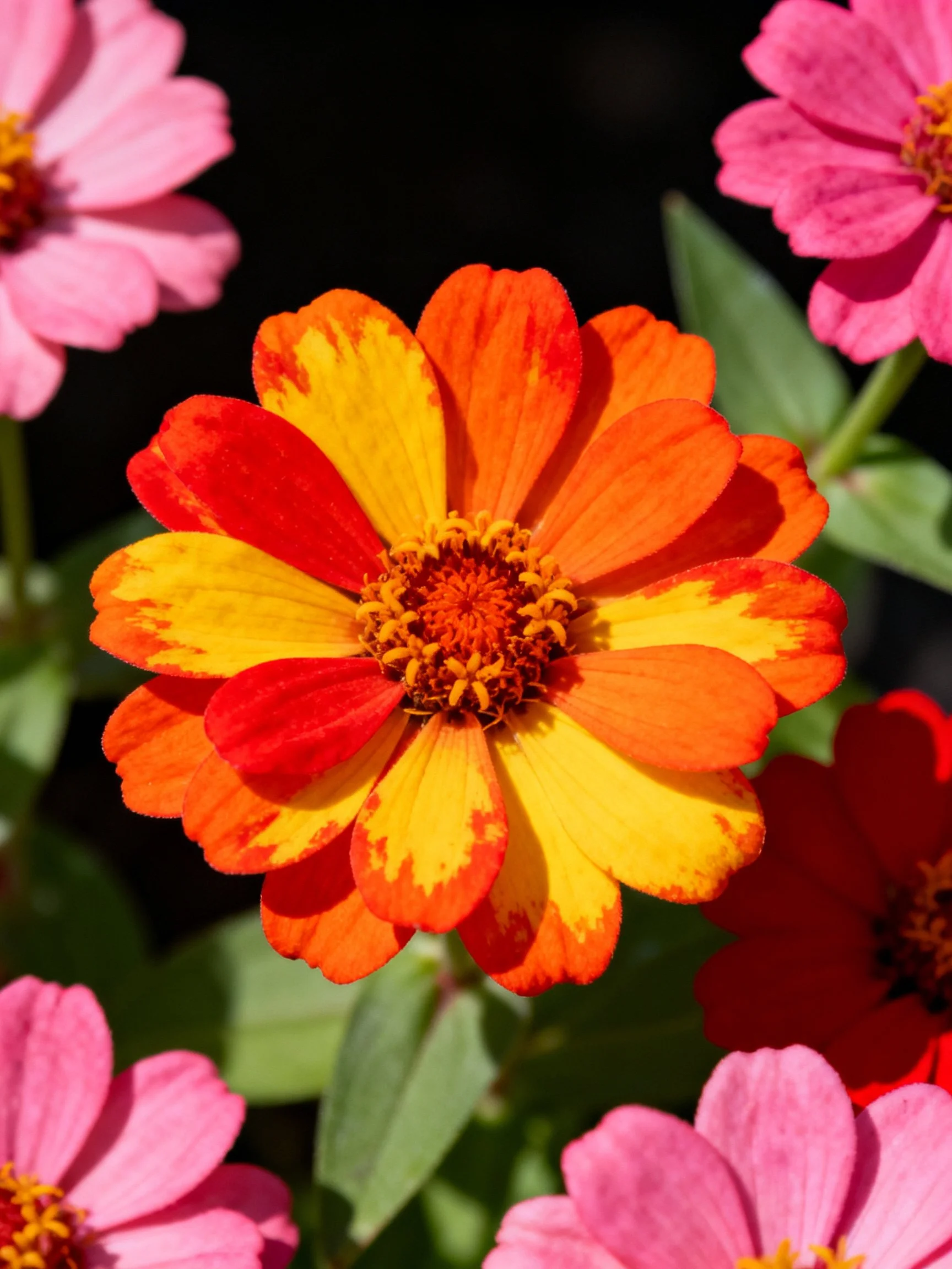 Vibrant orange-yellow zinnia with red accents among pink flowers