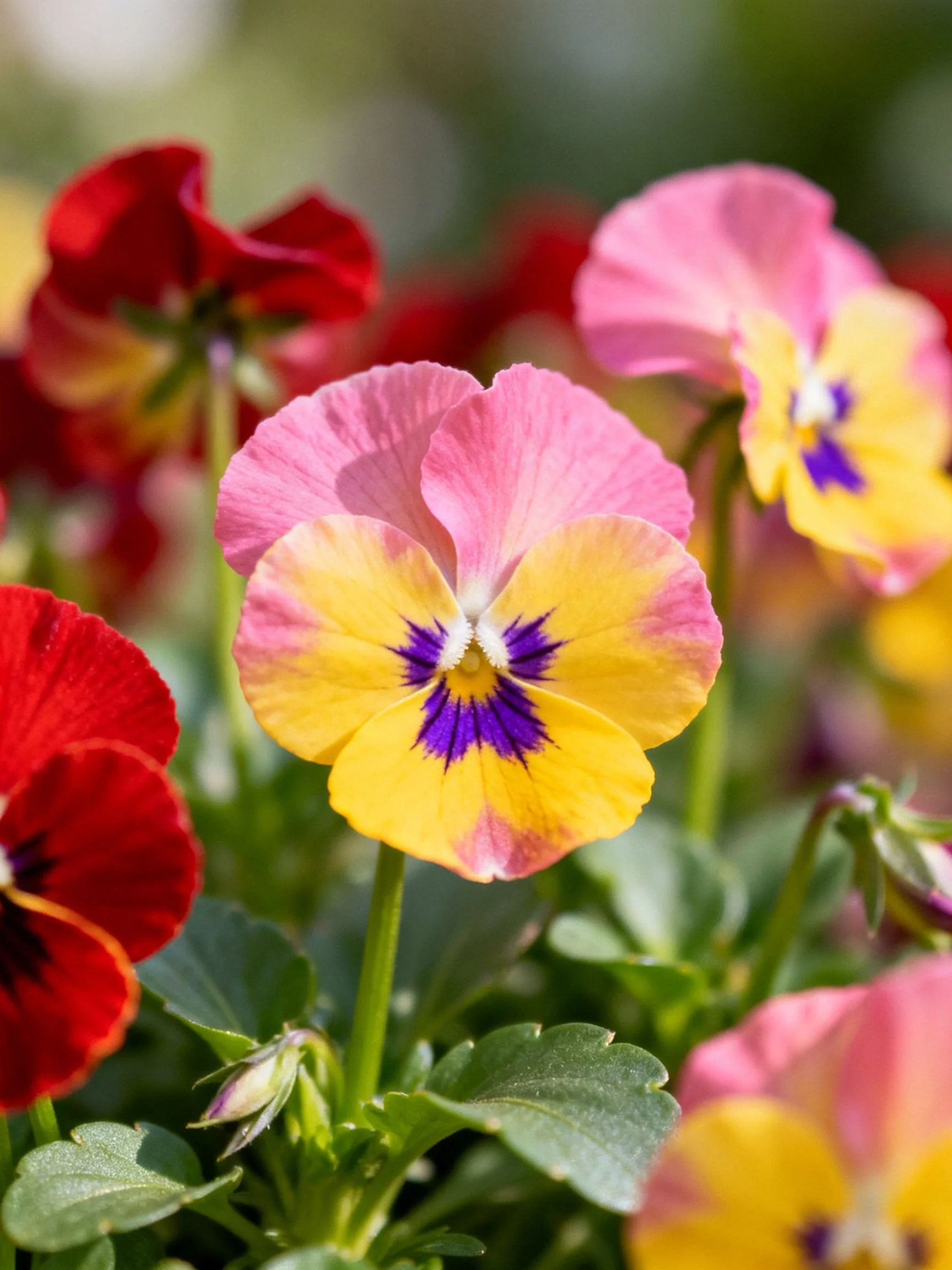 Vibrant pansy flowers in various colors with lush greenery
