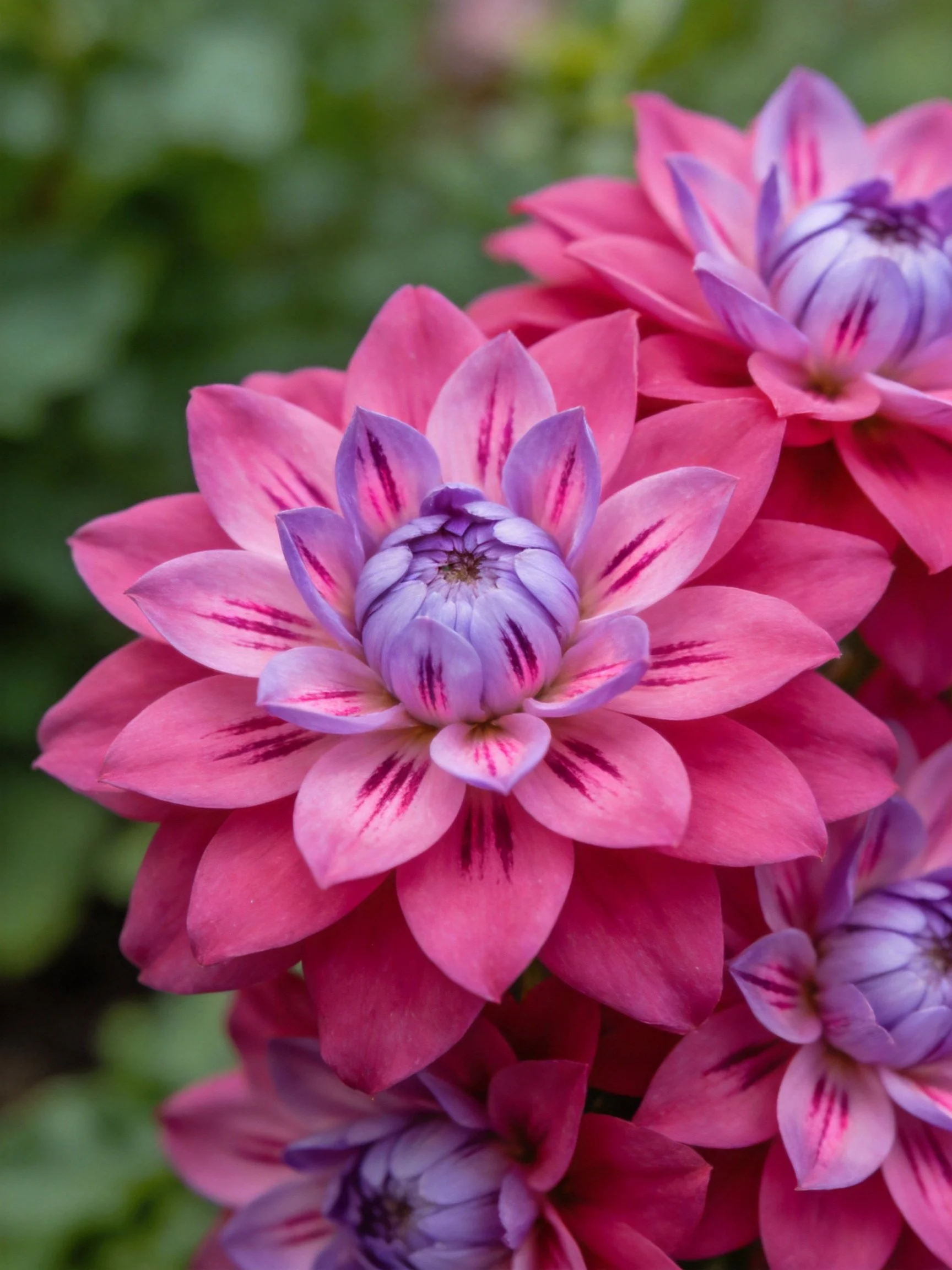 Vibrant pink and lavender dahlia blooms with striped petals