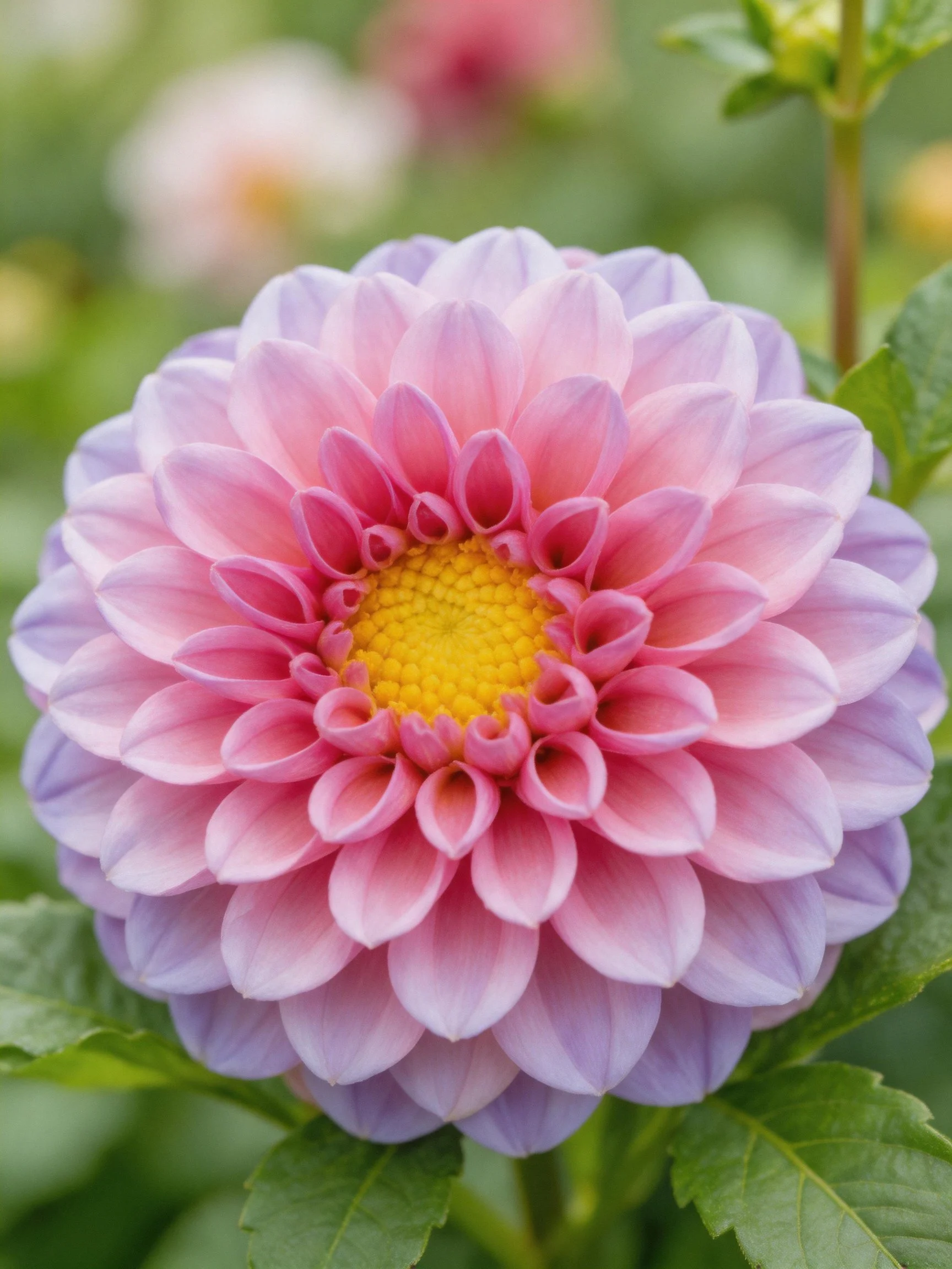 Vibrant pink and lavender dahlia with layered petals and bright yellow center