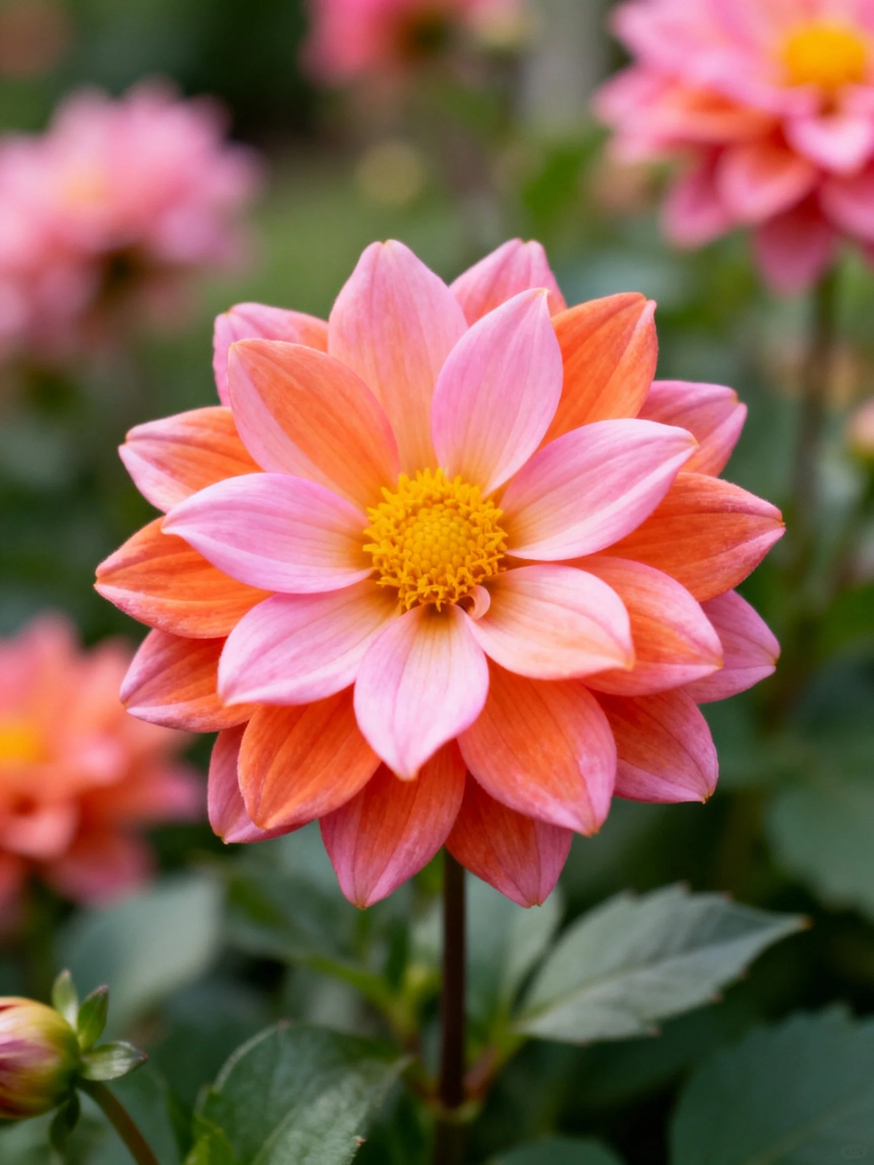 Vibrant pink and orange dahlia with layered petals and yellow center