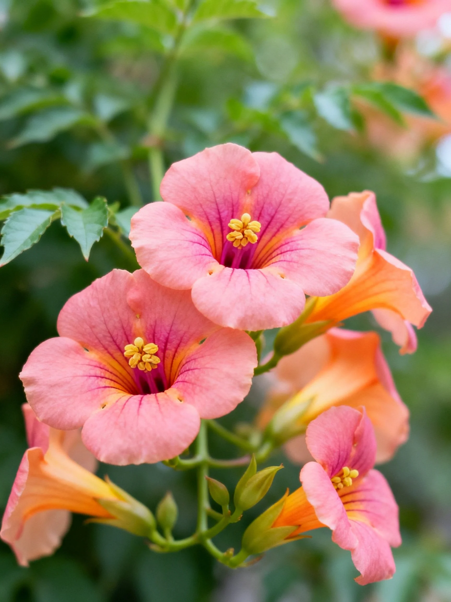 Vibrant pink and orange trumpet flowers with green foliage