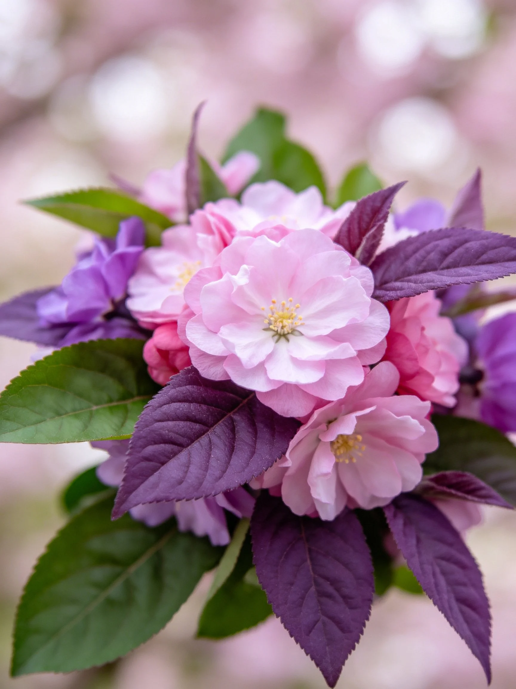 Vibrant pink and purple flowers with green and dark purple leaves