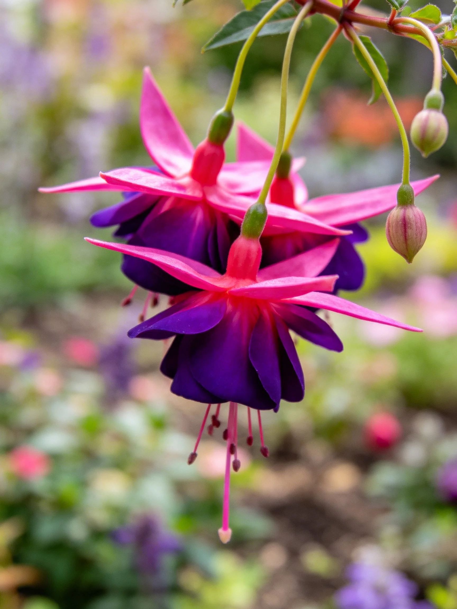 Vibrant pink and purple fuchsia blooms with buds
