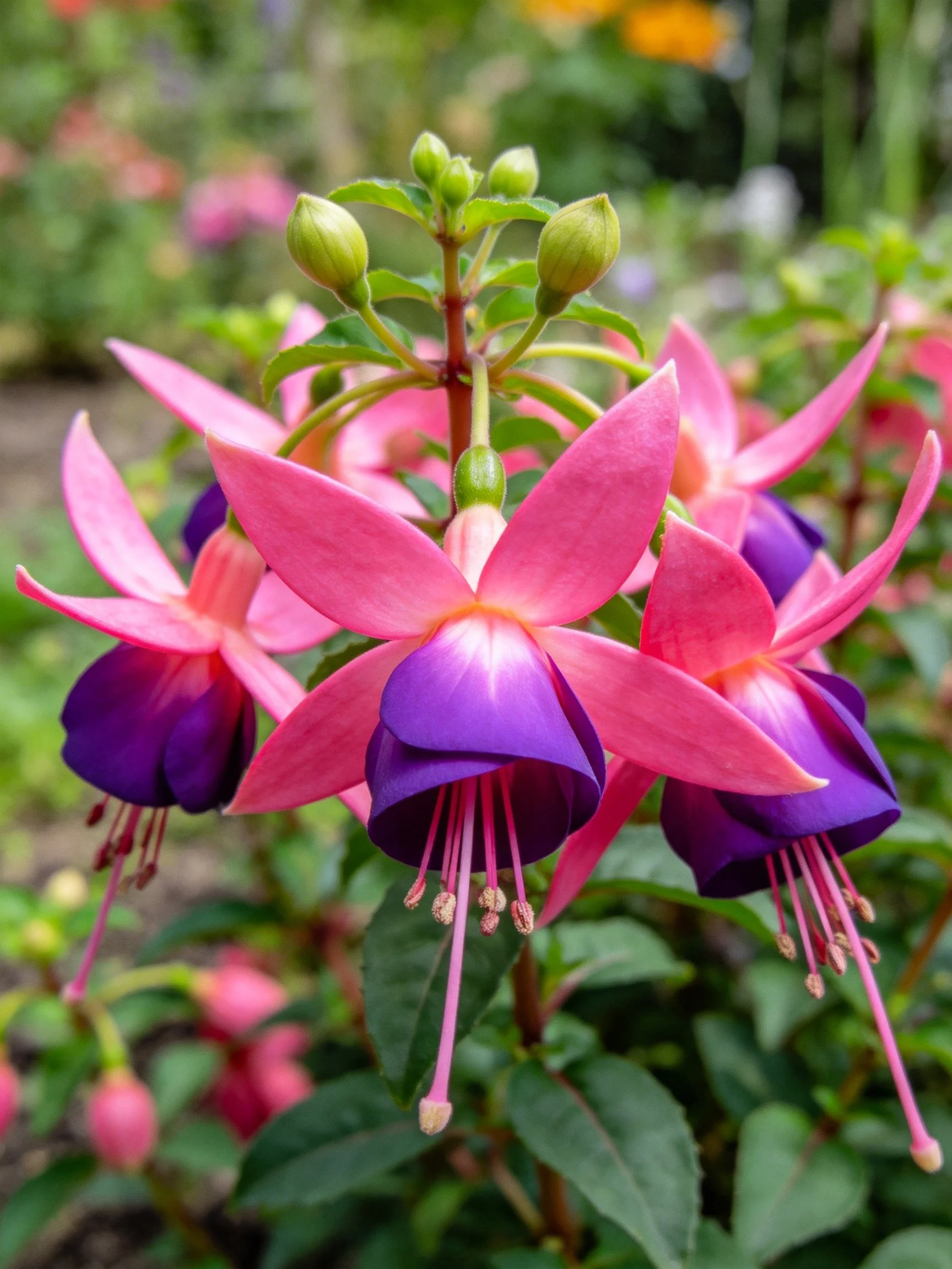 Vibrant pink and purple fuchsia flowers with green buds in a garden