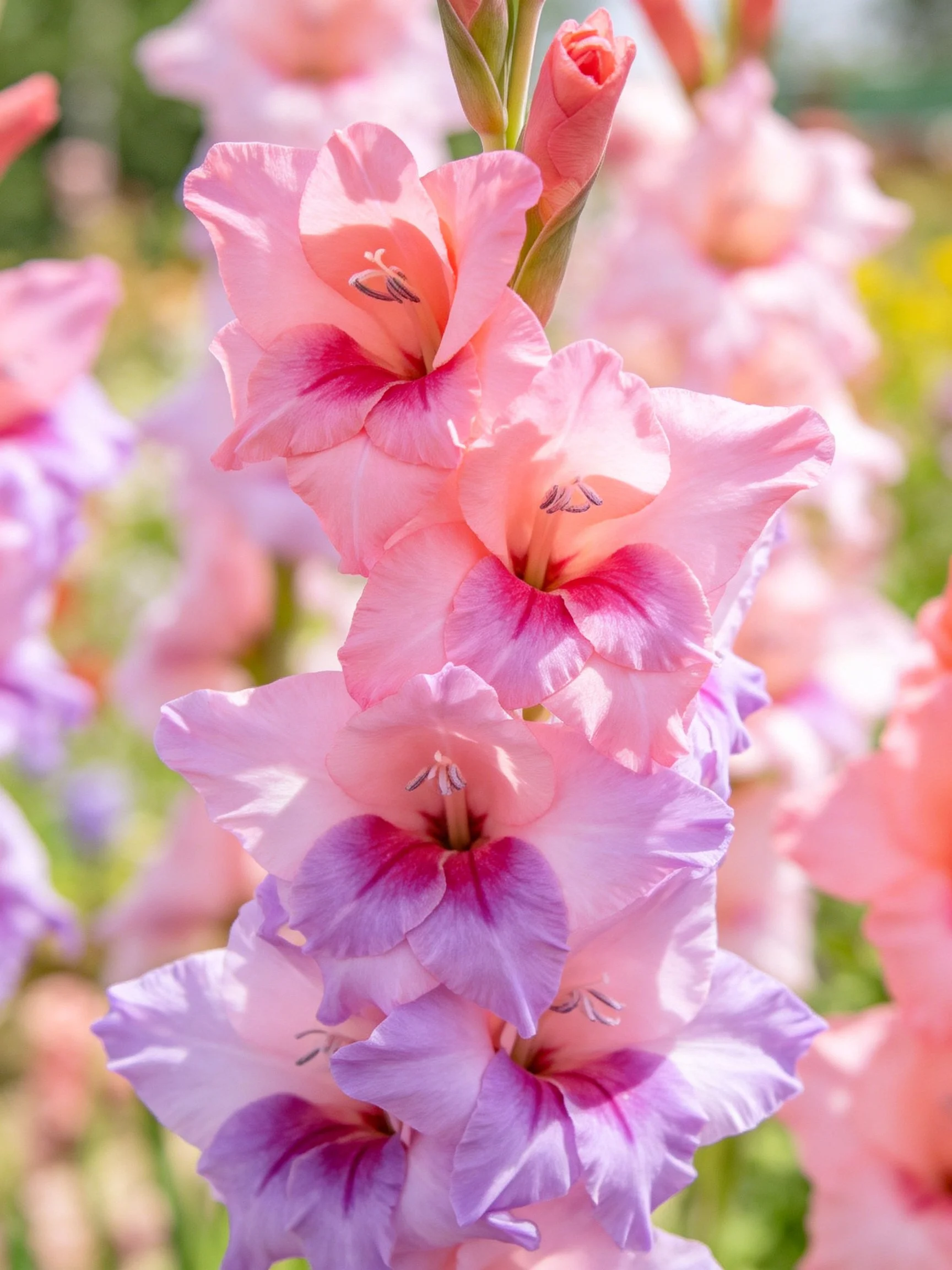 Vibrant pink and purple gladiolus blooms in sunlight