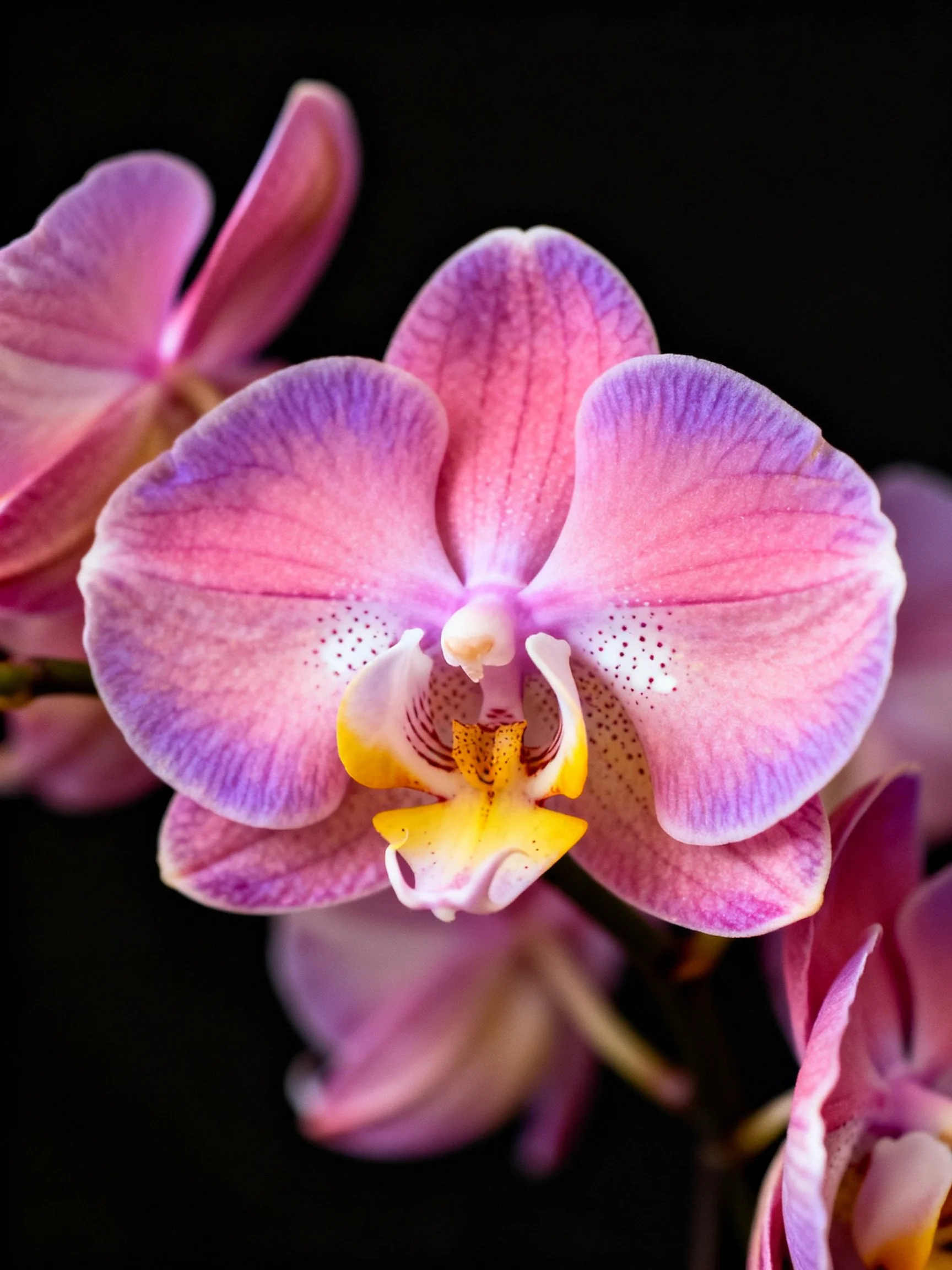 Vibrant pink and purple orchid with yellow center
