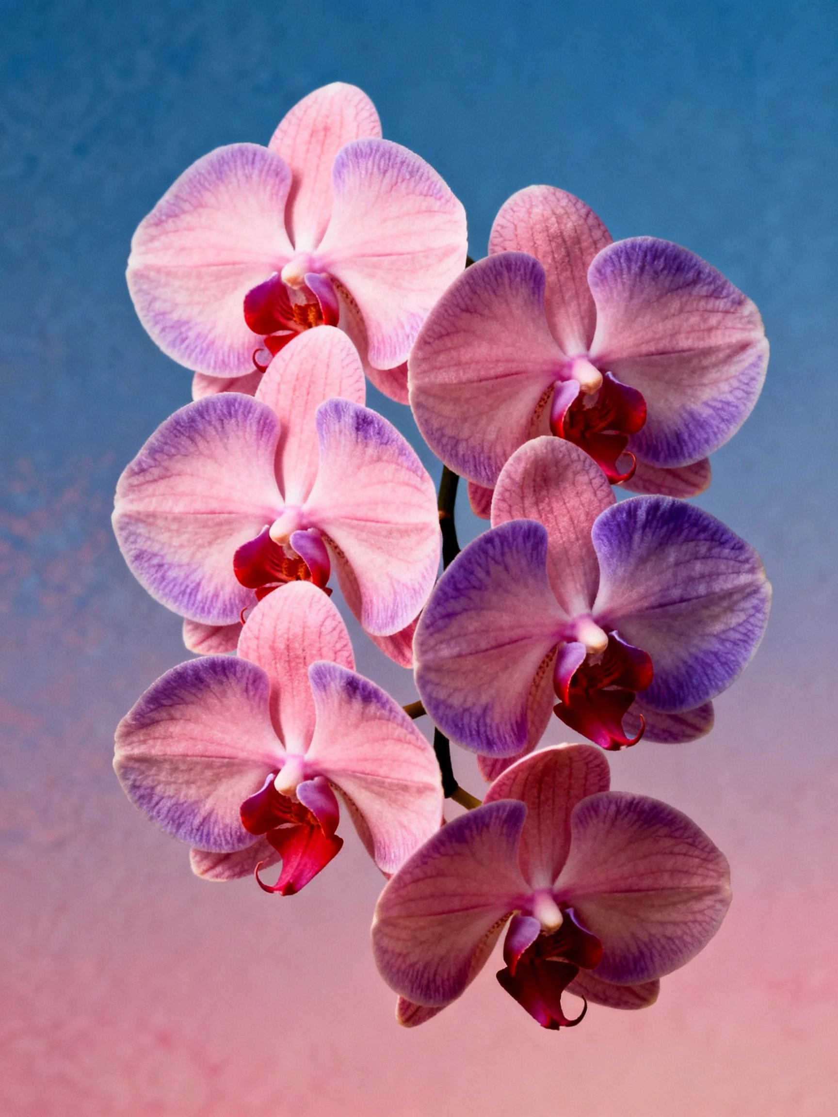 Vibrant pink and purple orchids arranged against a gradient blue-pink backdrop