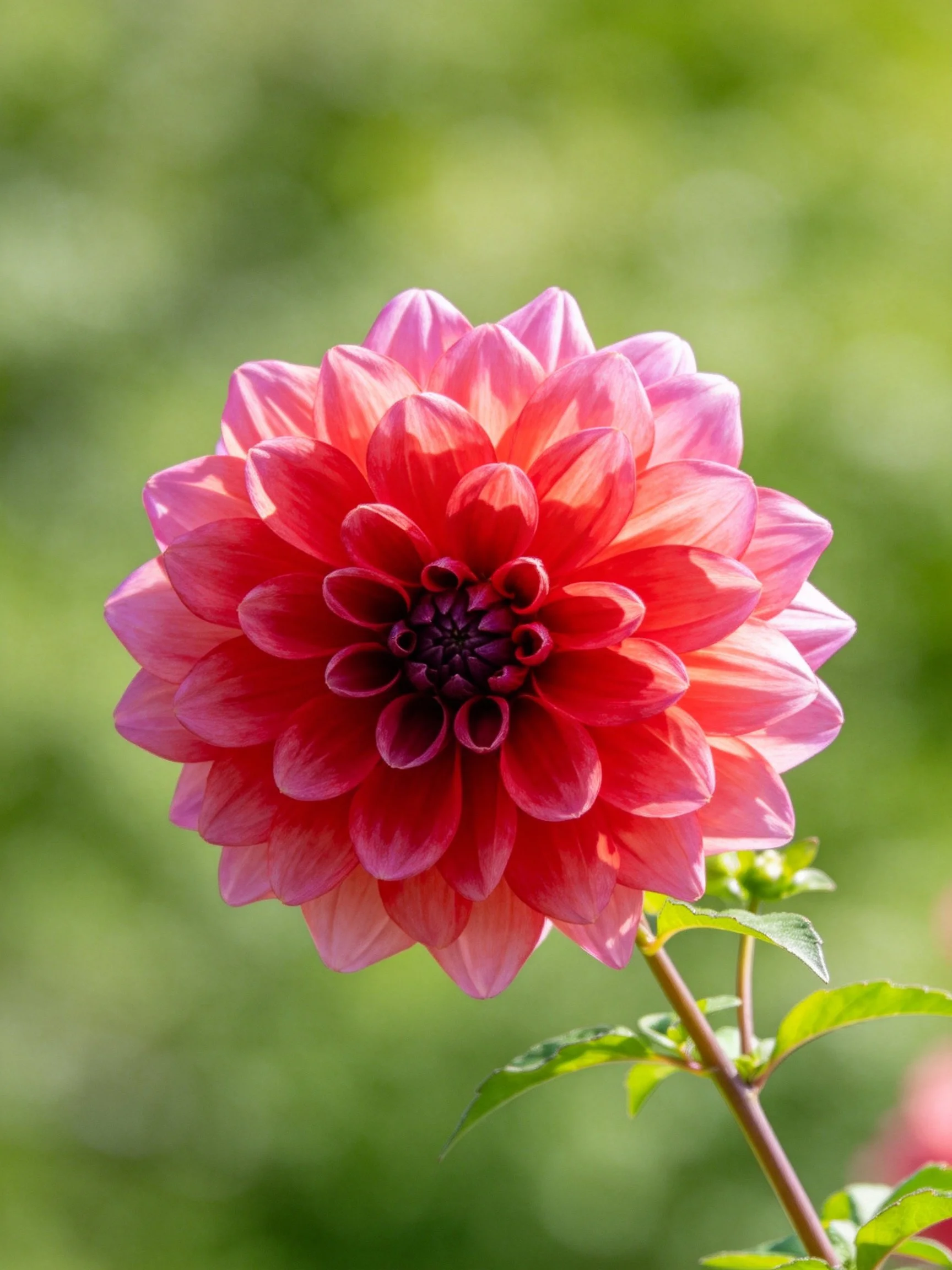 Vibrant pink and red dahlia bloom with blurred green background