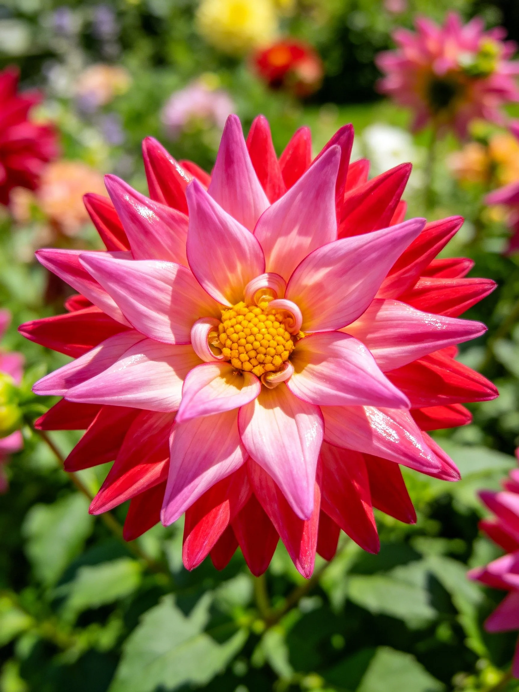 Vibrant pink and red dahlia with layered petals and golden center
