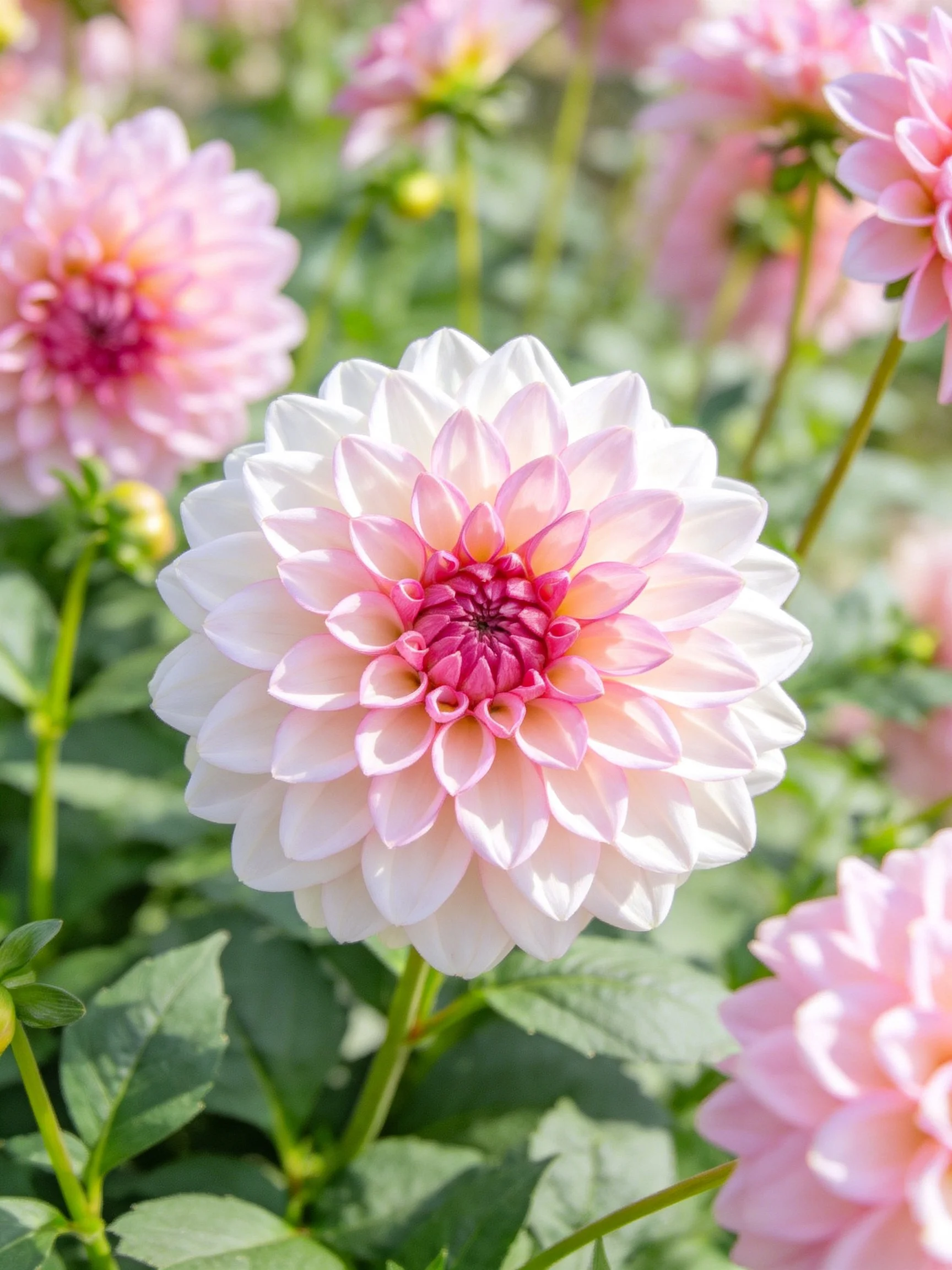 Vibrant pink and white dahlia blooms amid lush green foliage
