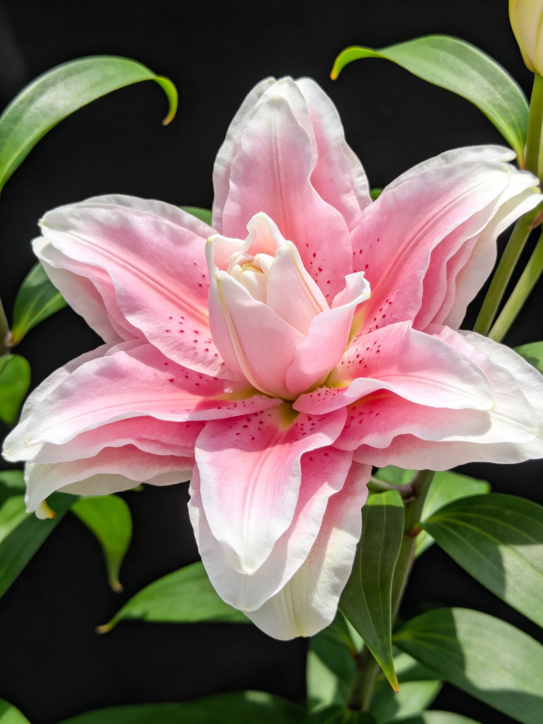 Vibrant pink and white lily with speckled petals and green foliage
