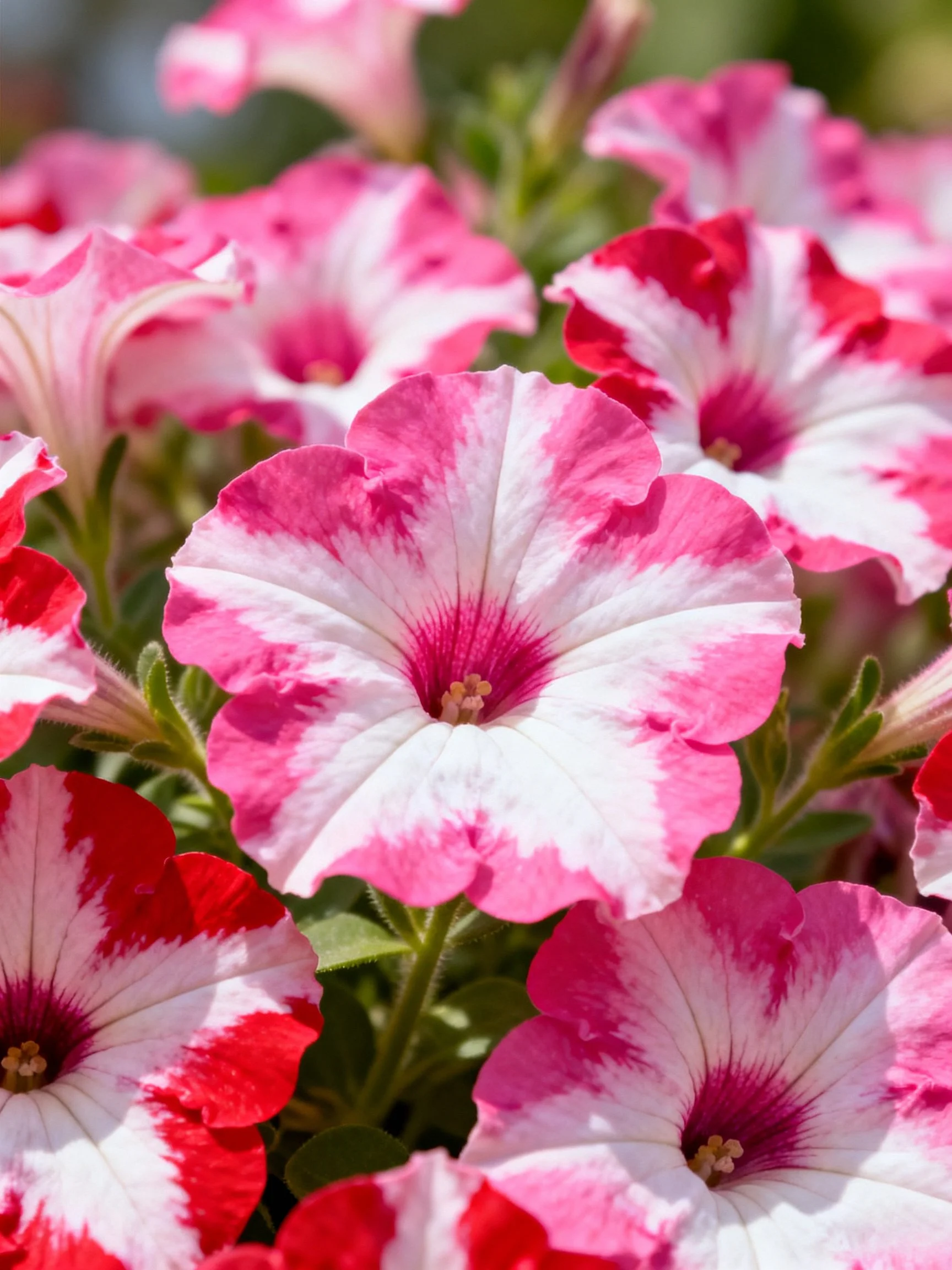 Vibrant pink and white petunia flowers in close-up