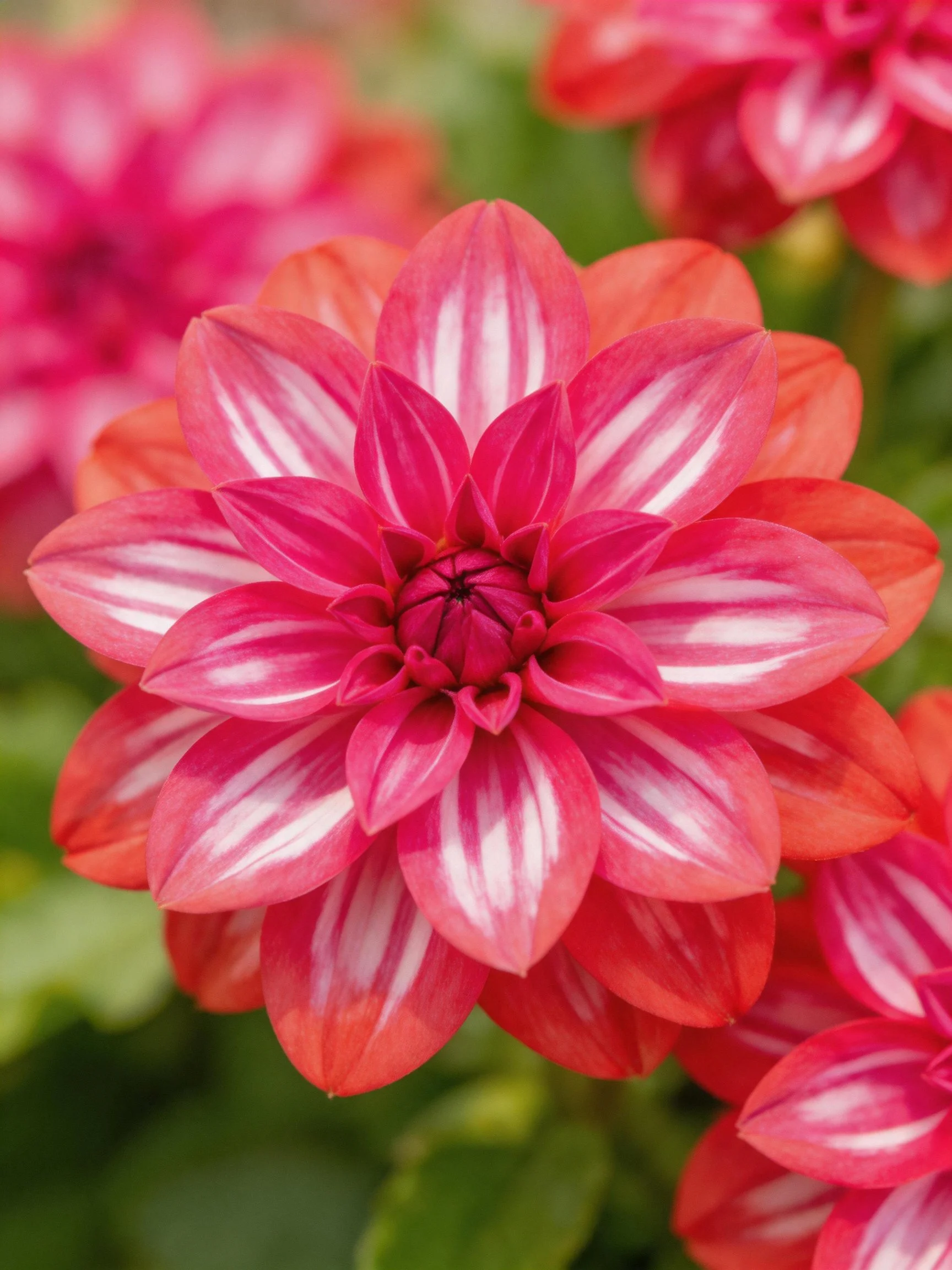 Vibrant pink and white striped dahlia in sharp focus