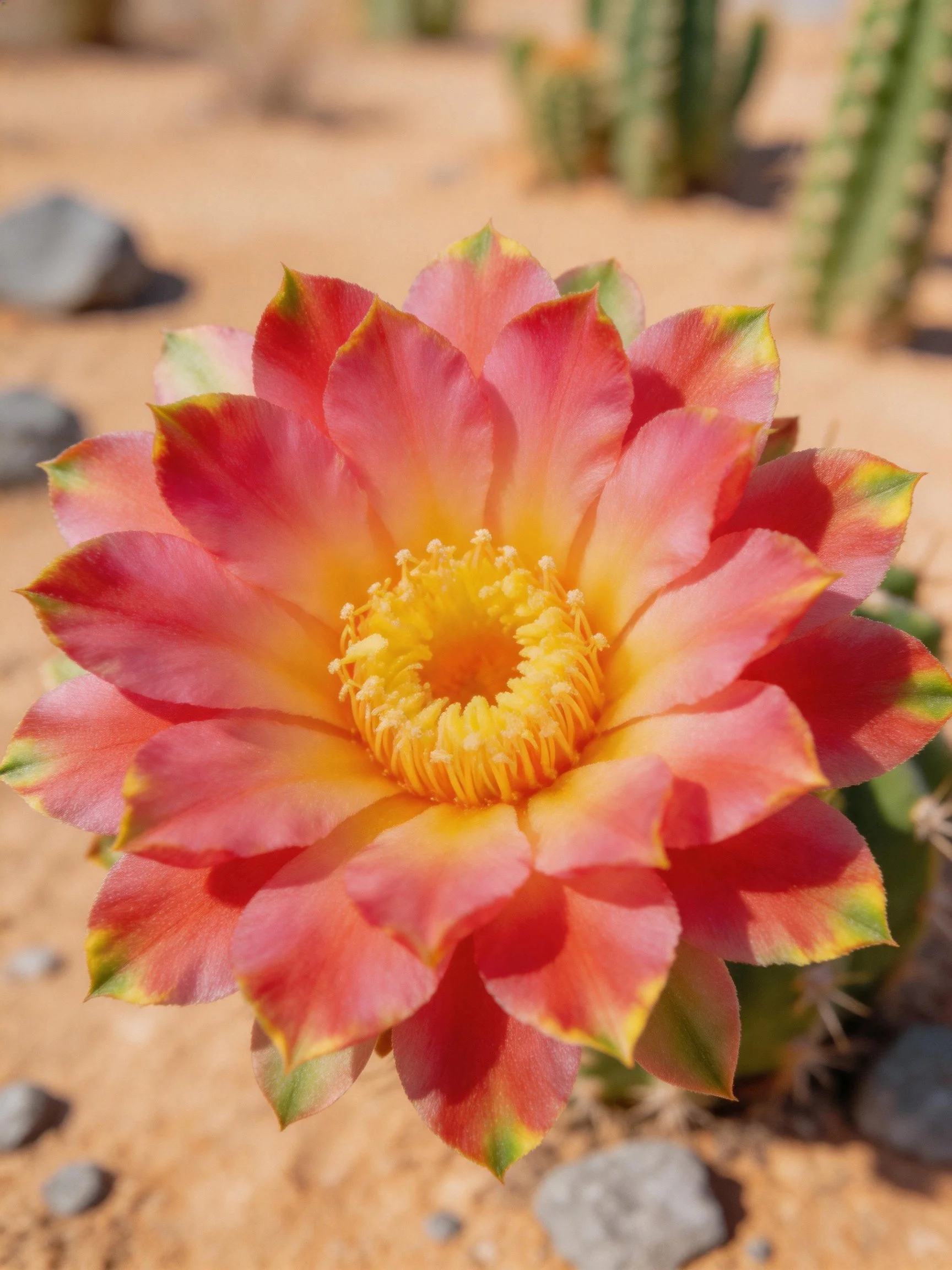 Vibrant pink and yellow cactus flower blooms in sandy desert landscape
