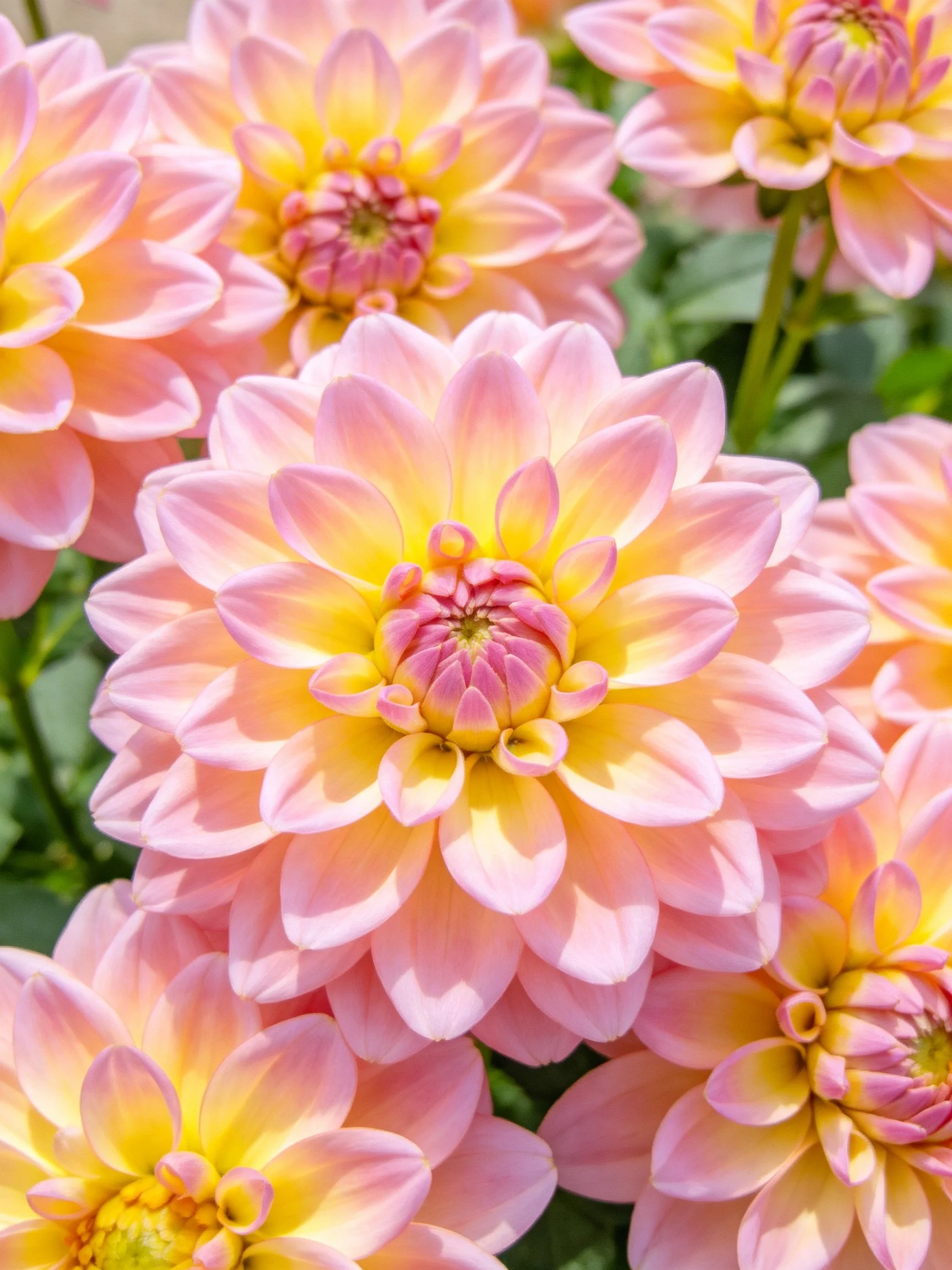 Vibrant pink and yellow dahlias clustered closely in close-up