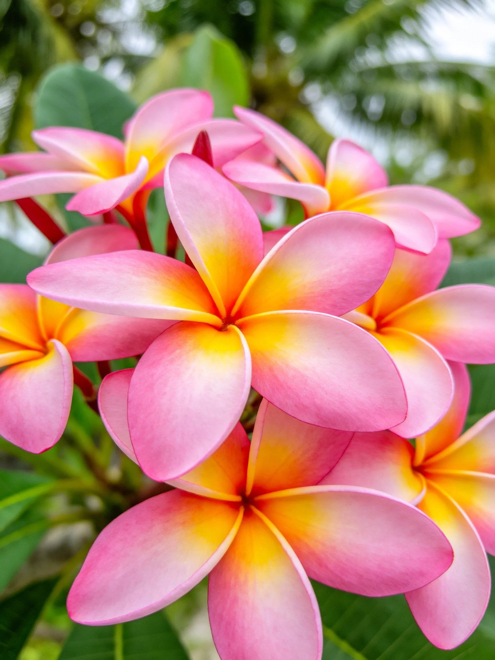 Vibrant pink and yellow frangipani flowers clustered among green foliage