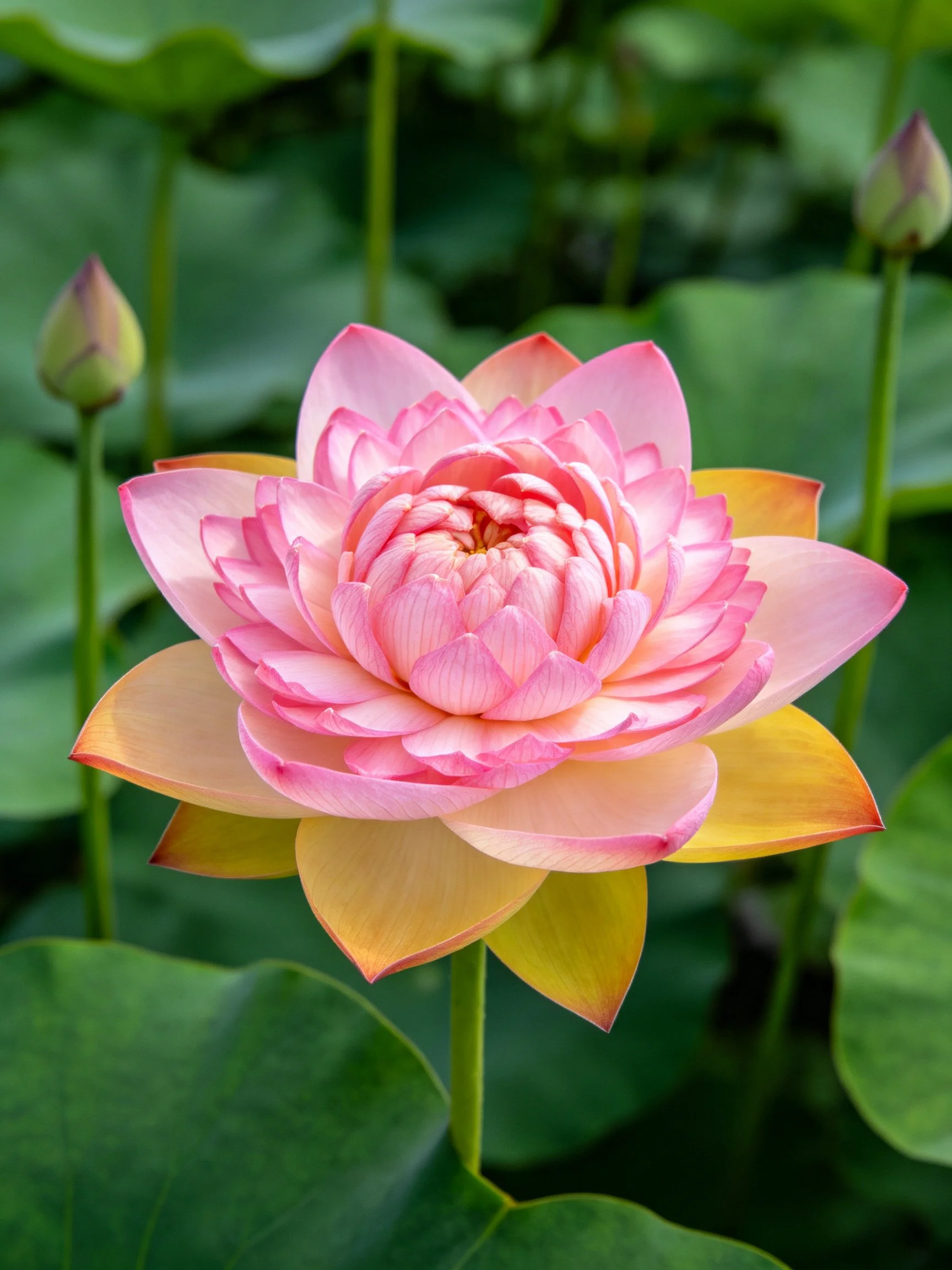 Vibrant pink and yellow lotus flower amid lush green foliage