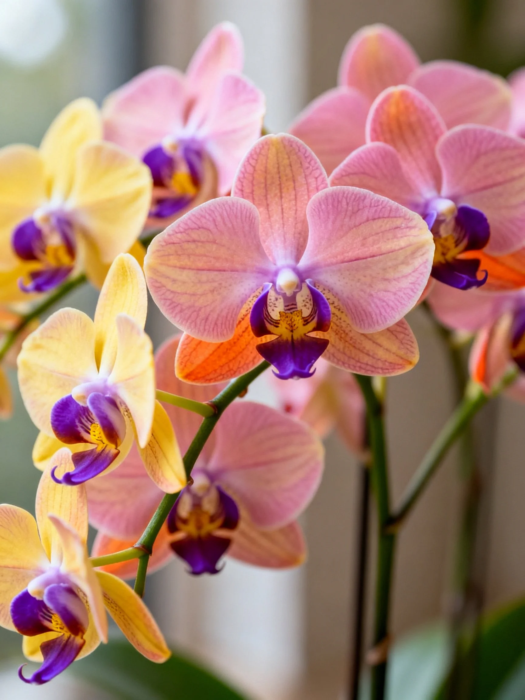 Vibrant pink and yellow orchids with purple centers clustered together