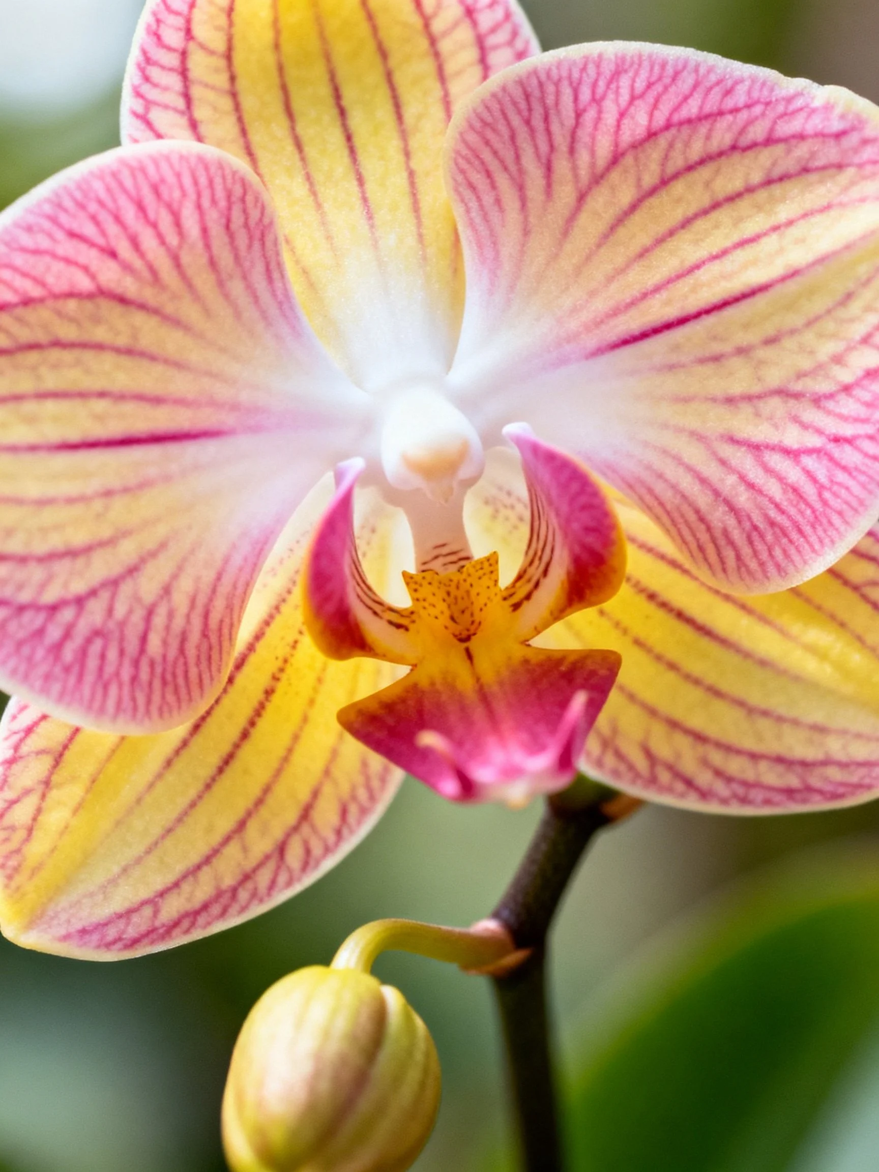 Vibrant pink and yellow striped orchid in close - up