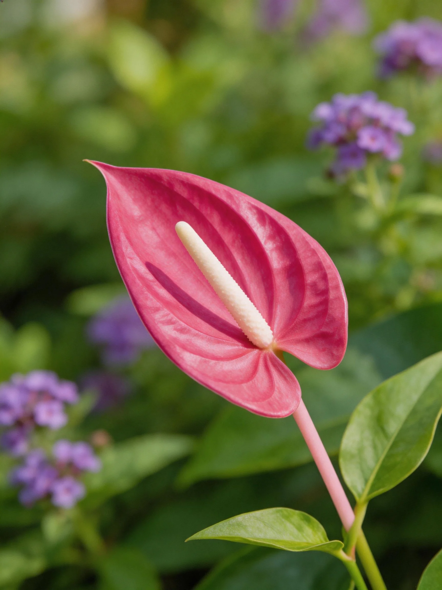 Vibrant pink anthurium with white spadix amid green foliage