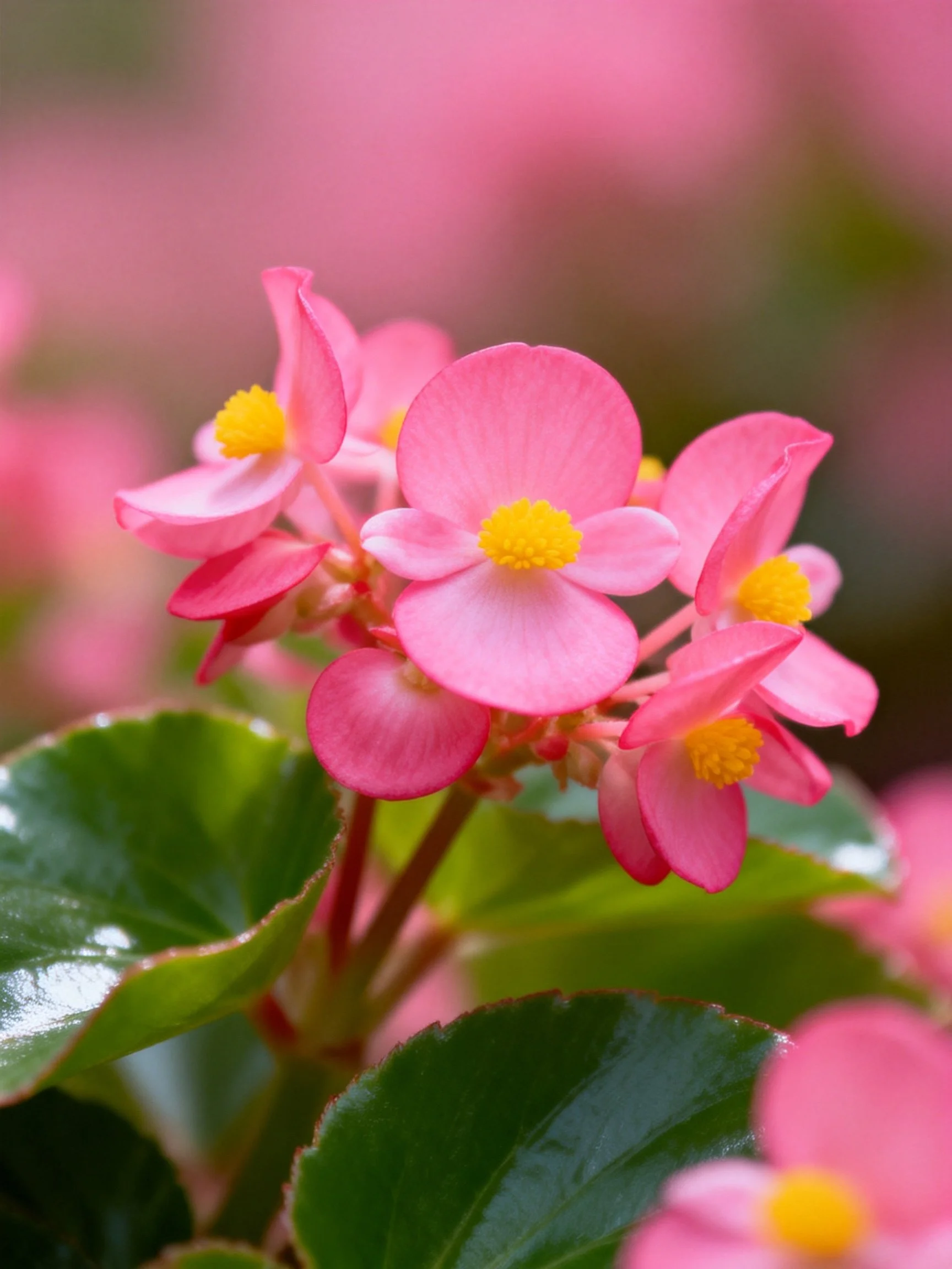 Vibrant pink begonias with yellow centers and glossy green